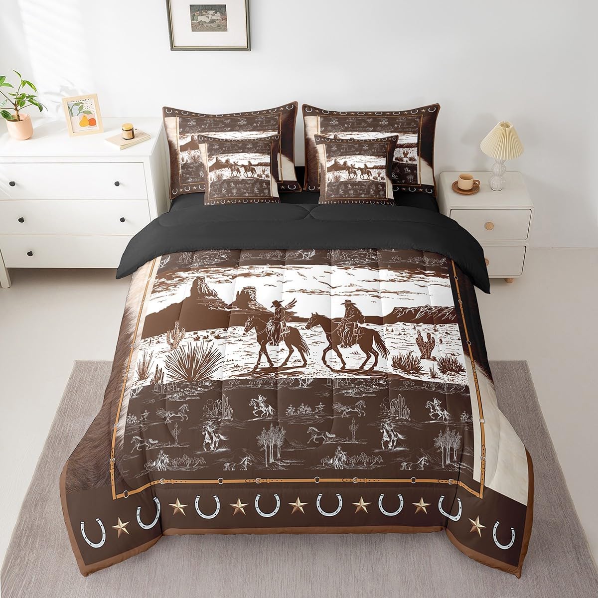 Feelyou Western Aztec Comforter Set 7 Pieces Twin Size Horse Bedding Set Cowboy Rustic Western Decor Country Wild West Down Bed in a Bag Brown White Bed Set with Comforter, Sheet Set, Pillowcases - Image 3