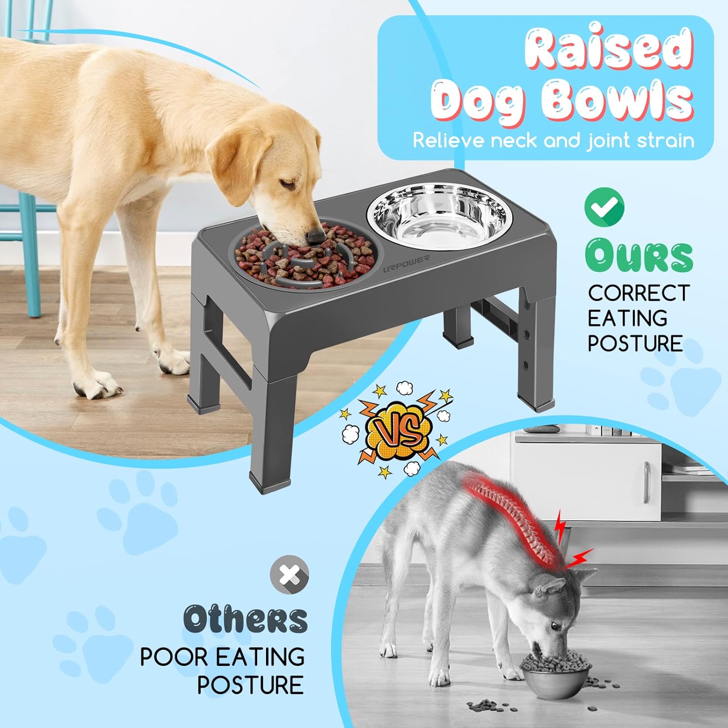 URPOWER Raised Dog Bowls 4 Height Adjustable Elevated Bowl Stand with Stainless Steel Water Bowl Non-Slip Dog Food Bowls Stand for Small Medium Large Dogs and Pets
