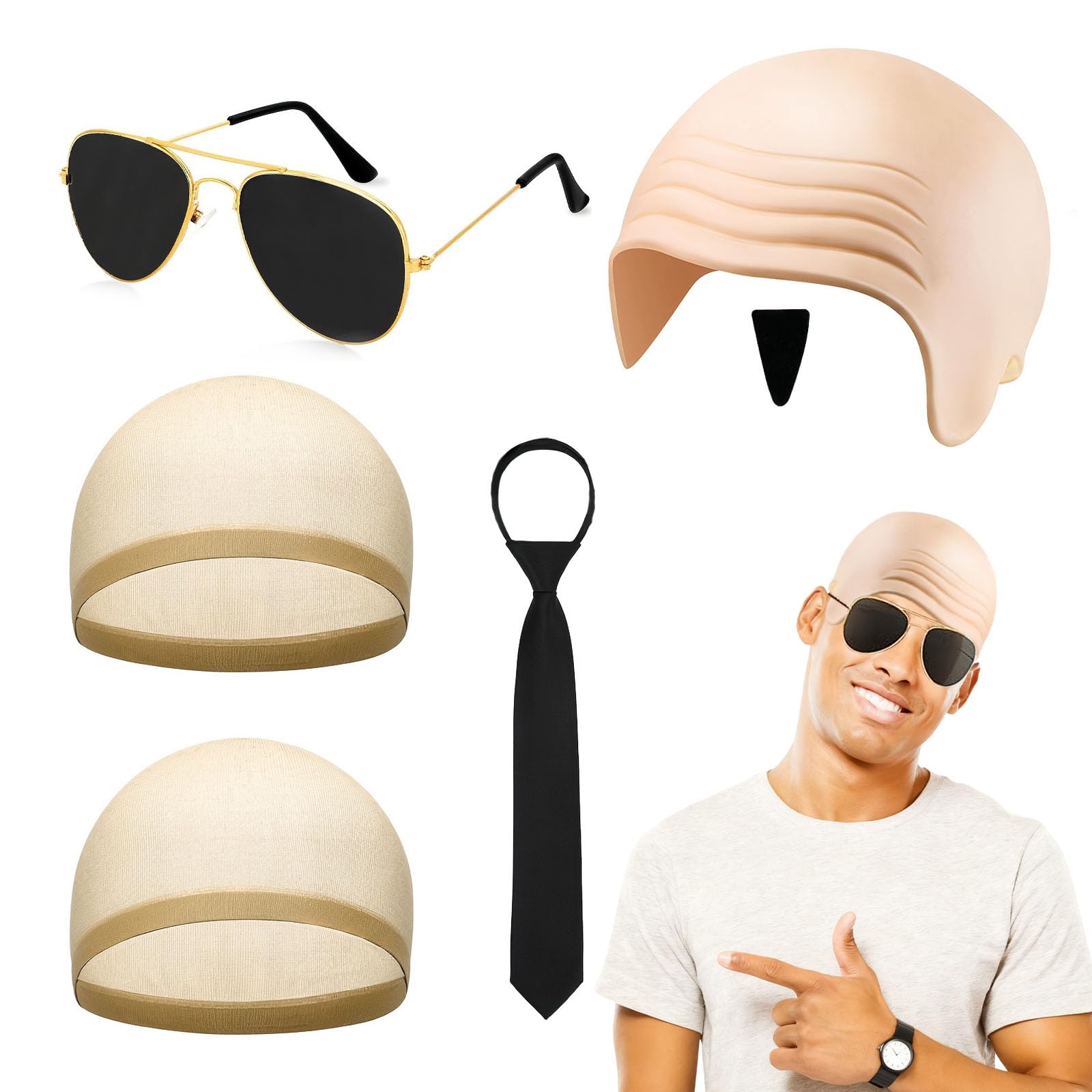 Lunyloer 6-Piece Bald Cap Set, Bald Head Skull Wig Cap with Hair Cap, Fake Beard, and Golden-Edged Sunglasses, Bald Caps for Fancy Dress Cosplay Hat Costume Accessory for Makeup Parties and Dress-Up