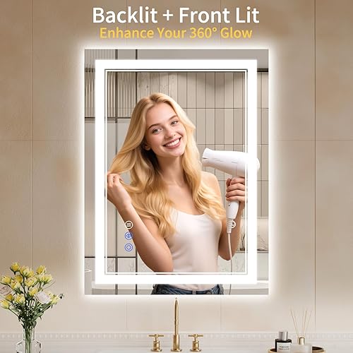Miniatura 2 de Espejo de baño LED de 24 x 32 pulgadas con luces, antiniebla, retroiluminado + luz frontal, regulable, espejo de tocador LED para pared, espejo de