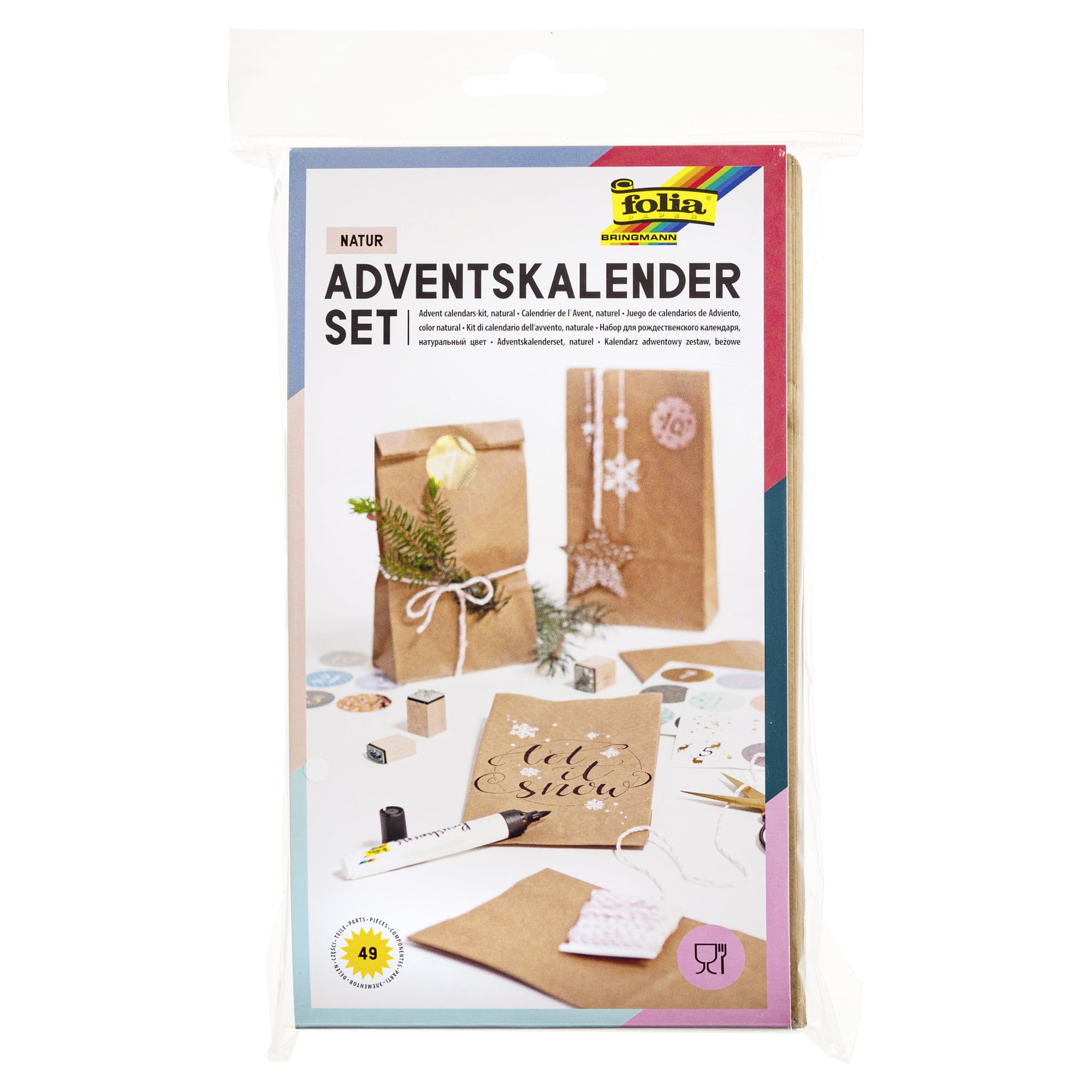 Folia 9402 Adventskalender-Set: 24 lebensmittelechte Papiertüten, Kordel und Zahlensticker
