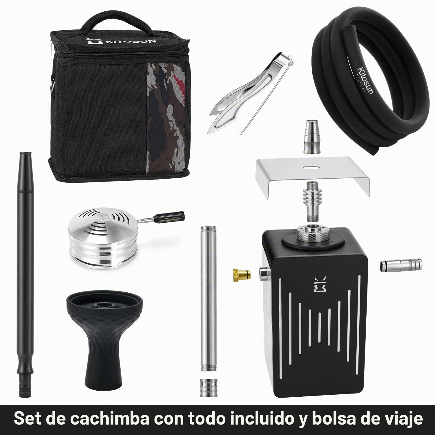Conjunto completo de cachimba shisha - Kitosun portátil viajar shisha con bolsa Incluir HMD tazón de funnel manguera de silicona bandeja de cenizas luz LED Soporte 2 manguera (aluminio)