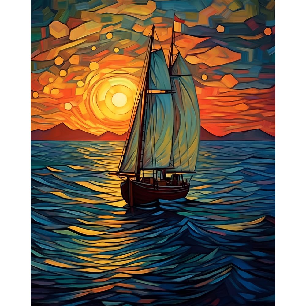 Natuyalo Paint by Numbers for Adults - DIY Adult Paint by Number Kits Painting on Canvas Sailboat Painting by Numbers for Beginners, Sunset Landscape Art Craft Kits for Adults (16x20 Inch)