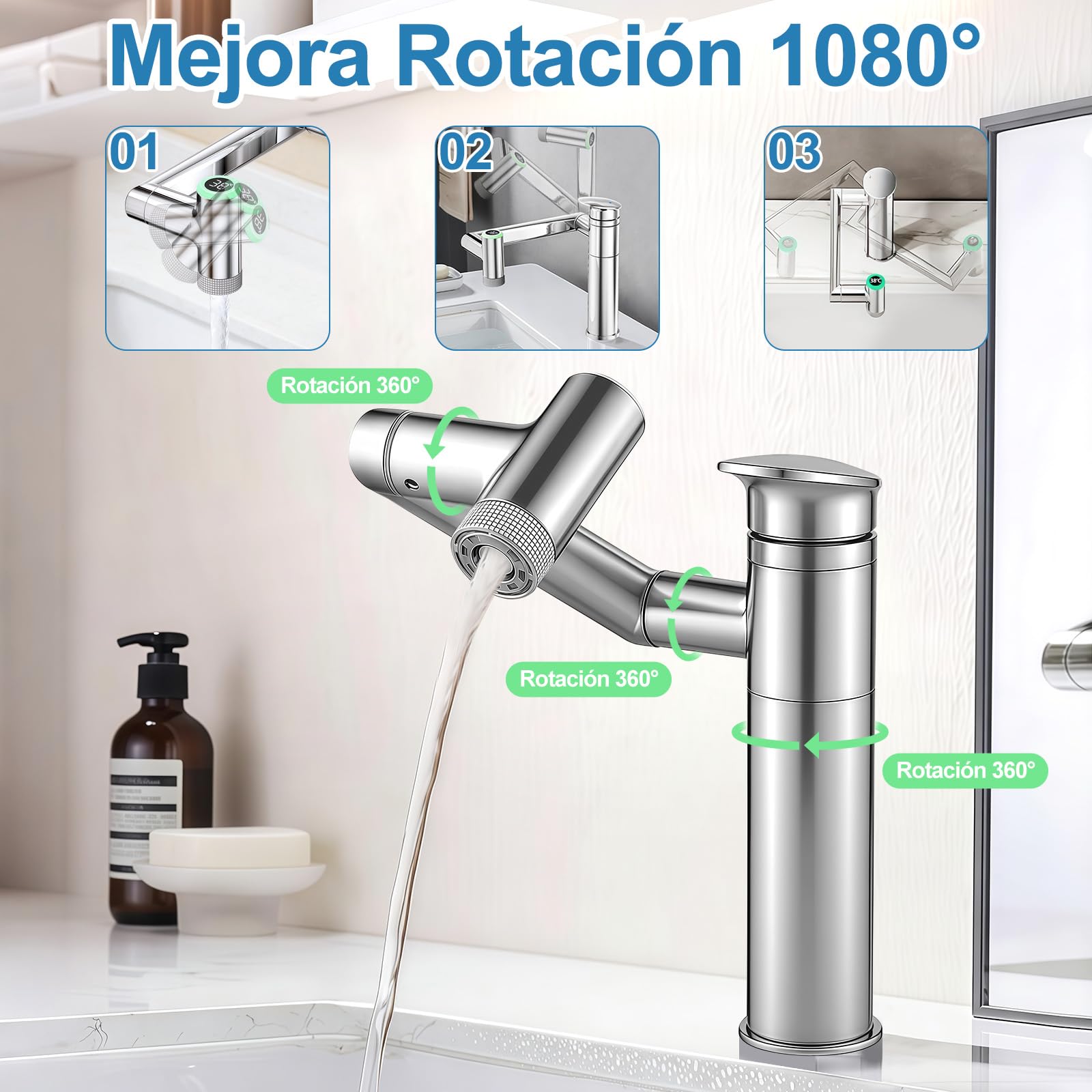 Grifos de baño, grifo de baño con indicador de temperatura, grifo mezclador de lavabo giratorio 1080°, grifo de lavabo, altura ajustable, grifo monomando (batería)