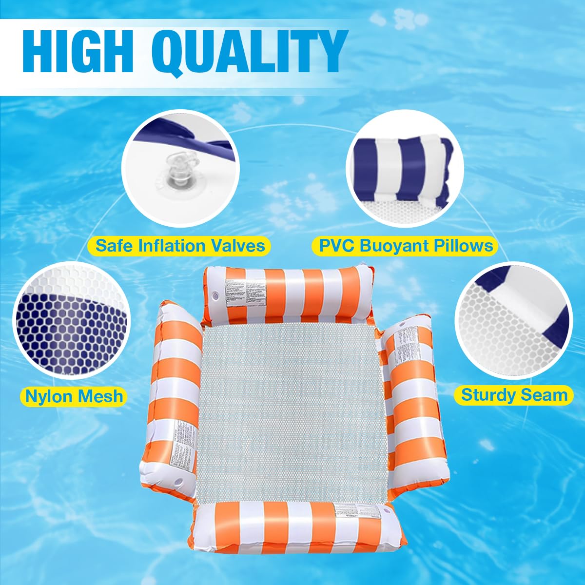 Amaca Galleggiante per Piscina e Mare, Materassino Gonfiabile per Adulti con Rete, Poltrona e Tubo Galleggiante, Set da 2 Pezzi con 4 Camere d'Aria per Spiaggia, Blu e Arancione