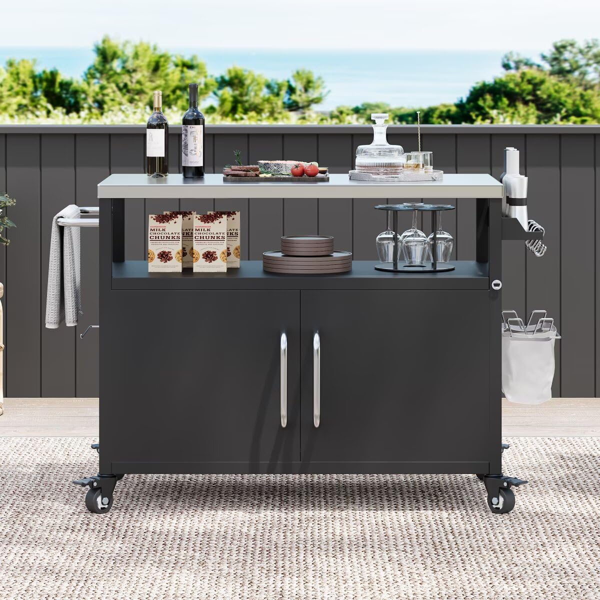 54.5" Outdoor Kitchen Island with Sink and Stainless Steel Tabletop, Metal Grill Cart Table with Storage Spice Rack and Towel Rack, Outdoor Bar Cart with 4 Lockable Wheels for Outside, Black