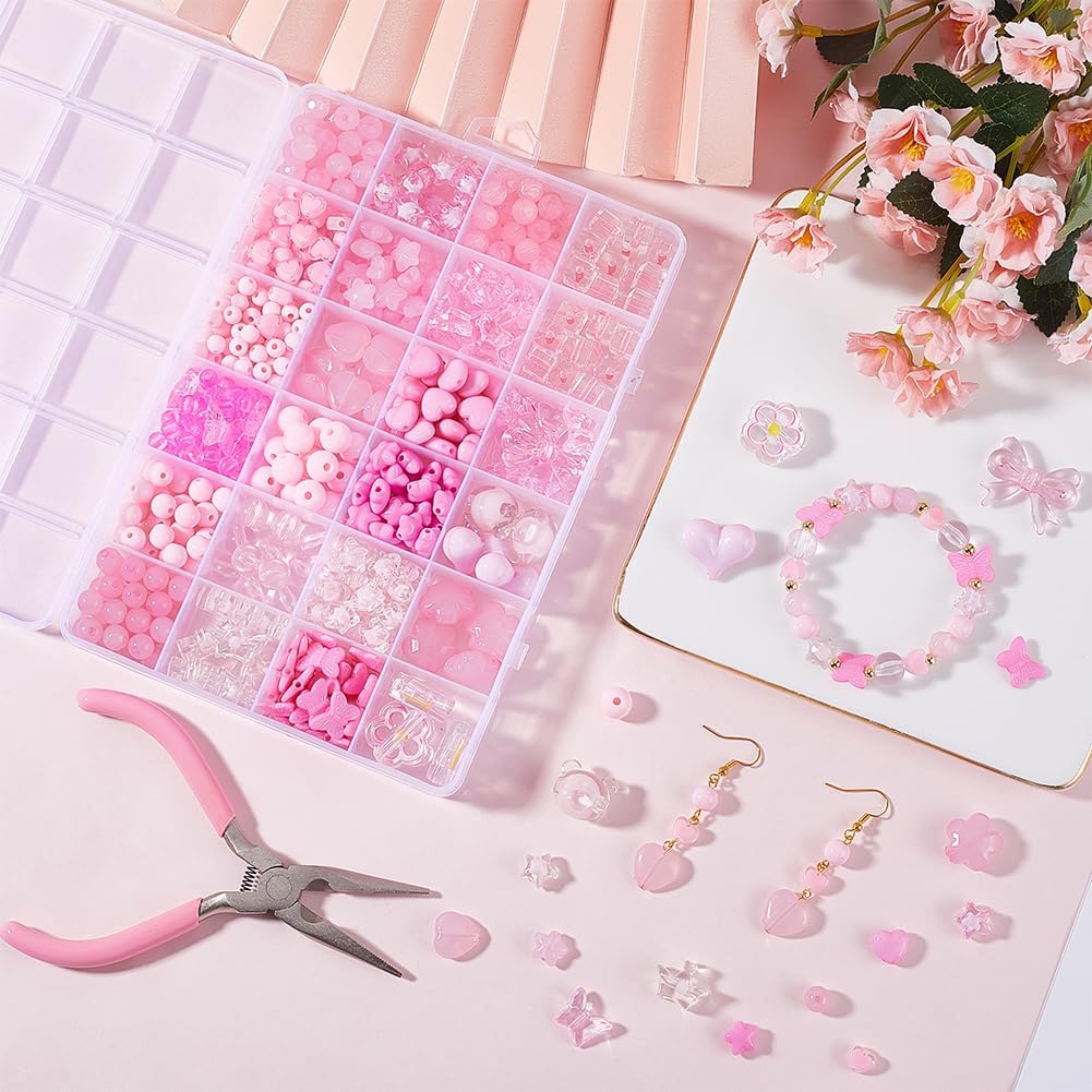 1 Box 578Pcs Pink Assorted Beads Pink Bead Kits Acrylic Butterfly Heart Flower Stars Bear Bow Aesthetic Beads Bulk for Jewelry Making Supplies Bracelet Necklace Phone Charm Supplies Adult