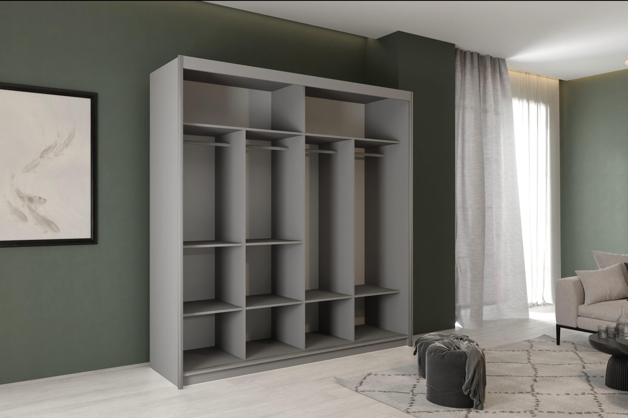 PST Grün Schiebetürenschrank Kleiderschrank 203x216x62 cm - Schlafzimmermöbel, Aufbewahrung – Mehrzweckschrank mit 4 Kleiderstangen