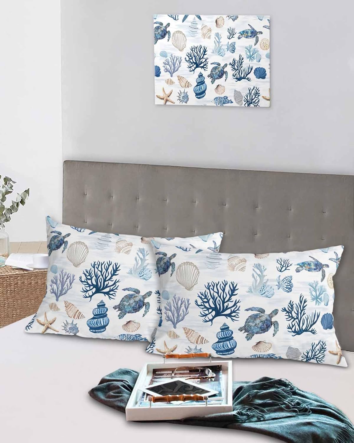 Pillow Cases King Size Set of 2, Coastal Ocean Breathable Microfiber Pillow Cover with Envelope Closure, Sea Turtle Coral Starfish Nautical Shell Decorative Soft Bed Pillow Shams, 20x36 Inch