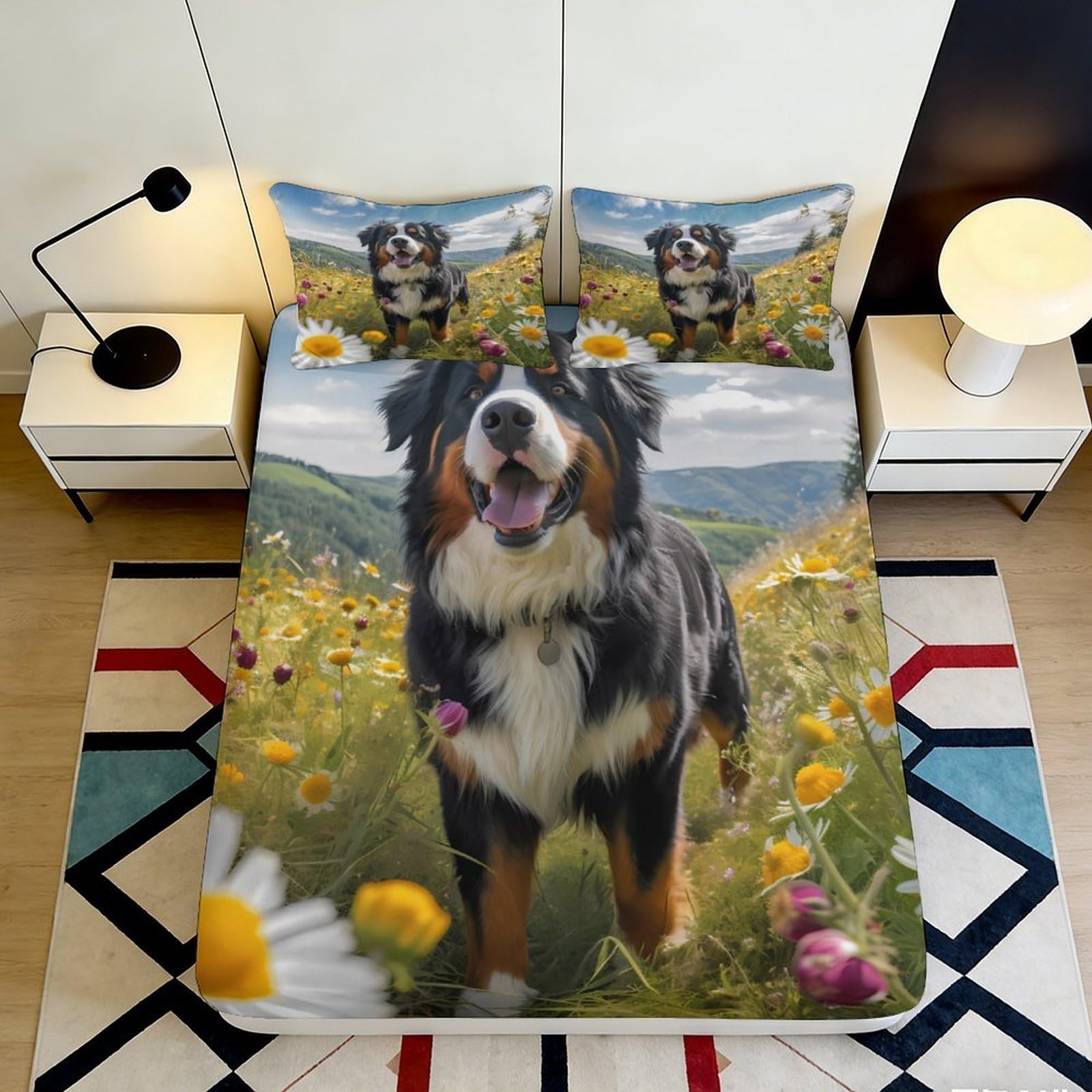 3D Printed Bernese Mountain Dog Fitted Sheet Microfiber Floral Meadow Bed Cover for Bedroom Guest Room Decor 90x200x25cm