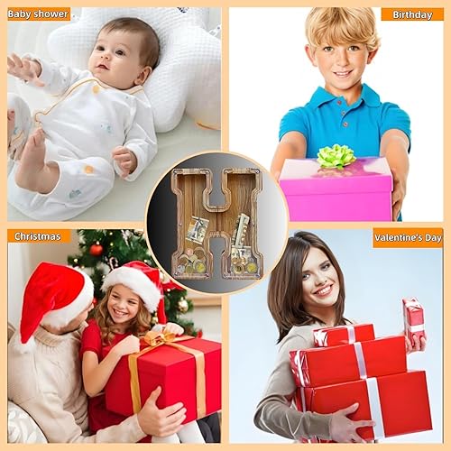 Miniatura 6 de Alcancía grande para niños y niñas, alcancía de madera personalizada con diseño recortado, bancos de monedas de letras del alfabeto, caja de ahorro