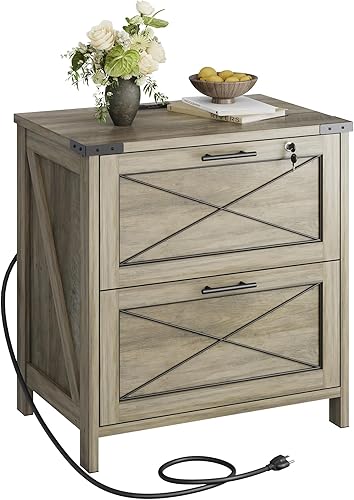 DEVAISE Archivador lateral con cerradura, 2 cajones y estación de carga, soporte de impresora de madera de granja con gran almacenamiento, se adapta