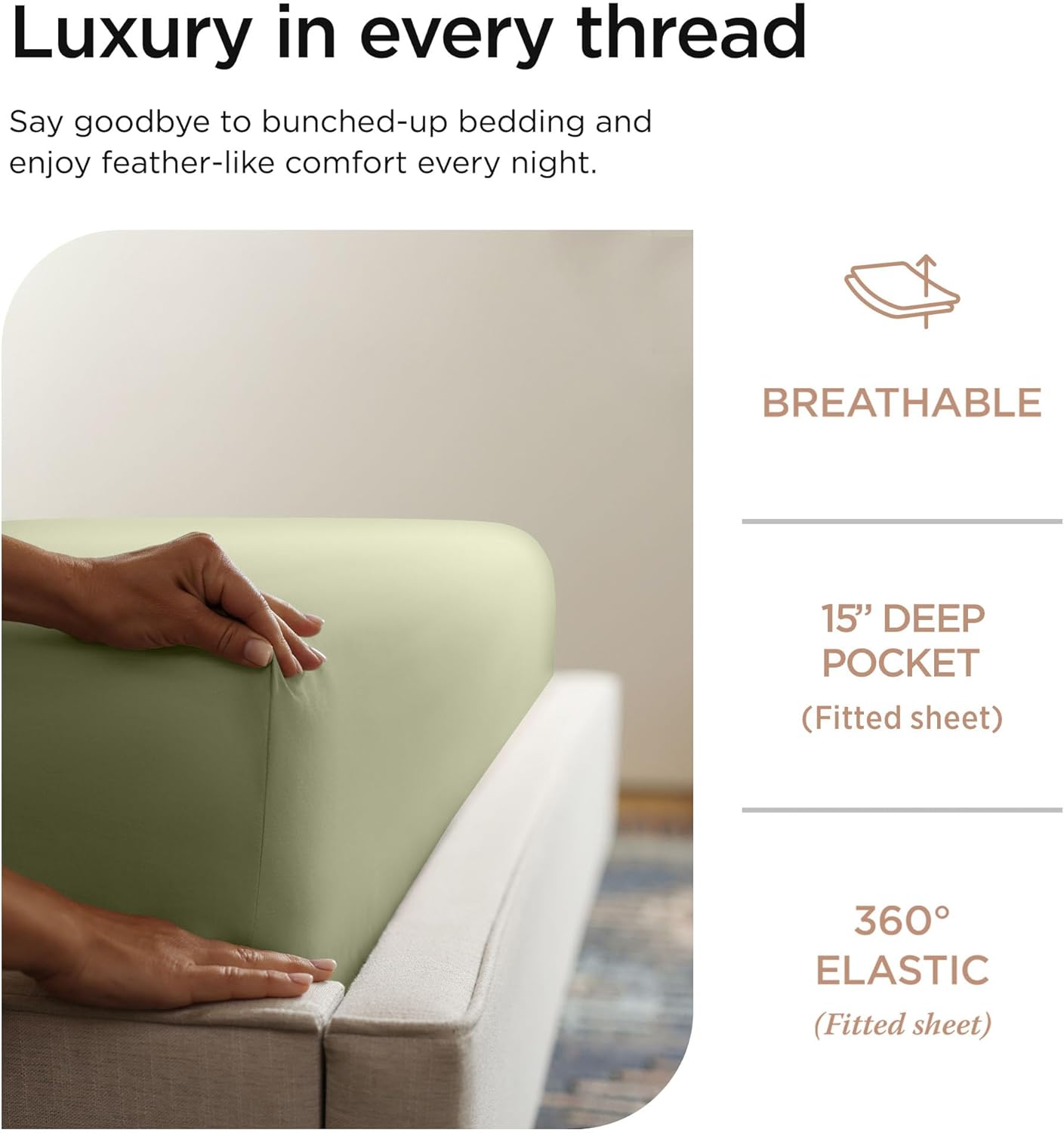 Threadmill 100% Cotton Sheets for Twin XL Size Bed - 600 Thread Count Twin XL Bed Sheets Set with 15” Deep Pocket - Sateen Weave 3-Piece Bedding Set with Cooling Effect, Sage Green - Image 3