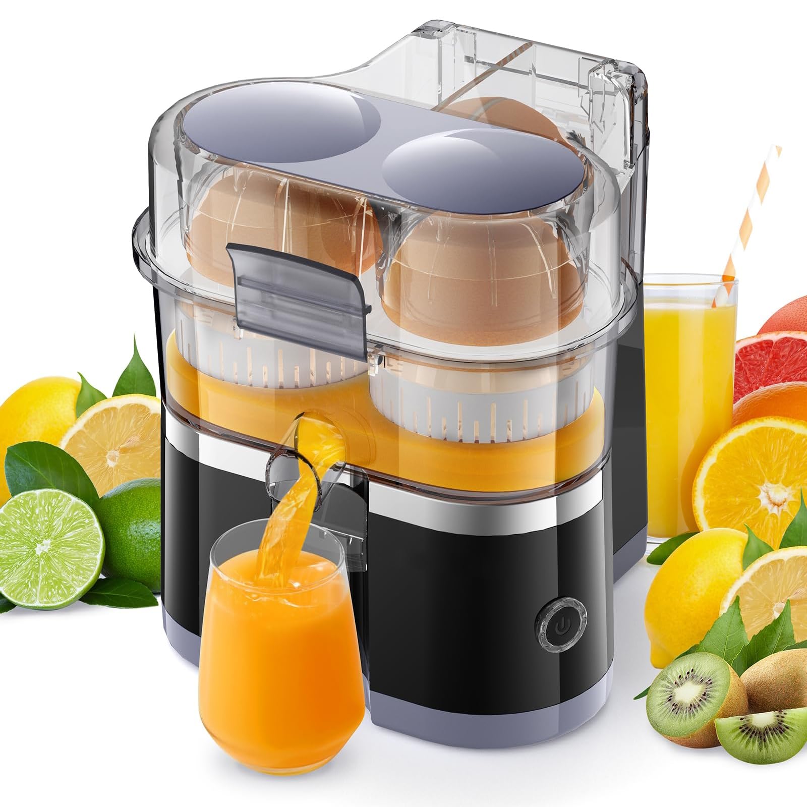 Exprimidor eléctrico de cítricos, exprimidor automático de doble cabezal y cortador de cítricos integrado para jugo fresco de naranjas, limones, limas, pomelos, fácil de usar