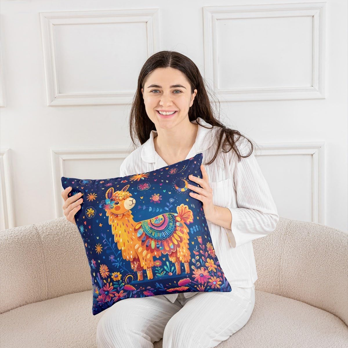 Exotic Alpaca Pillow Cover Cartoon Cute Animal Bohemian Style Pillow Case for Kids Teens Adults Hippie Daisy Moon Hearts Graffiti Cushion Cover for Chairs Bedroom 24x24 Inch image 4