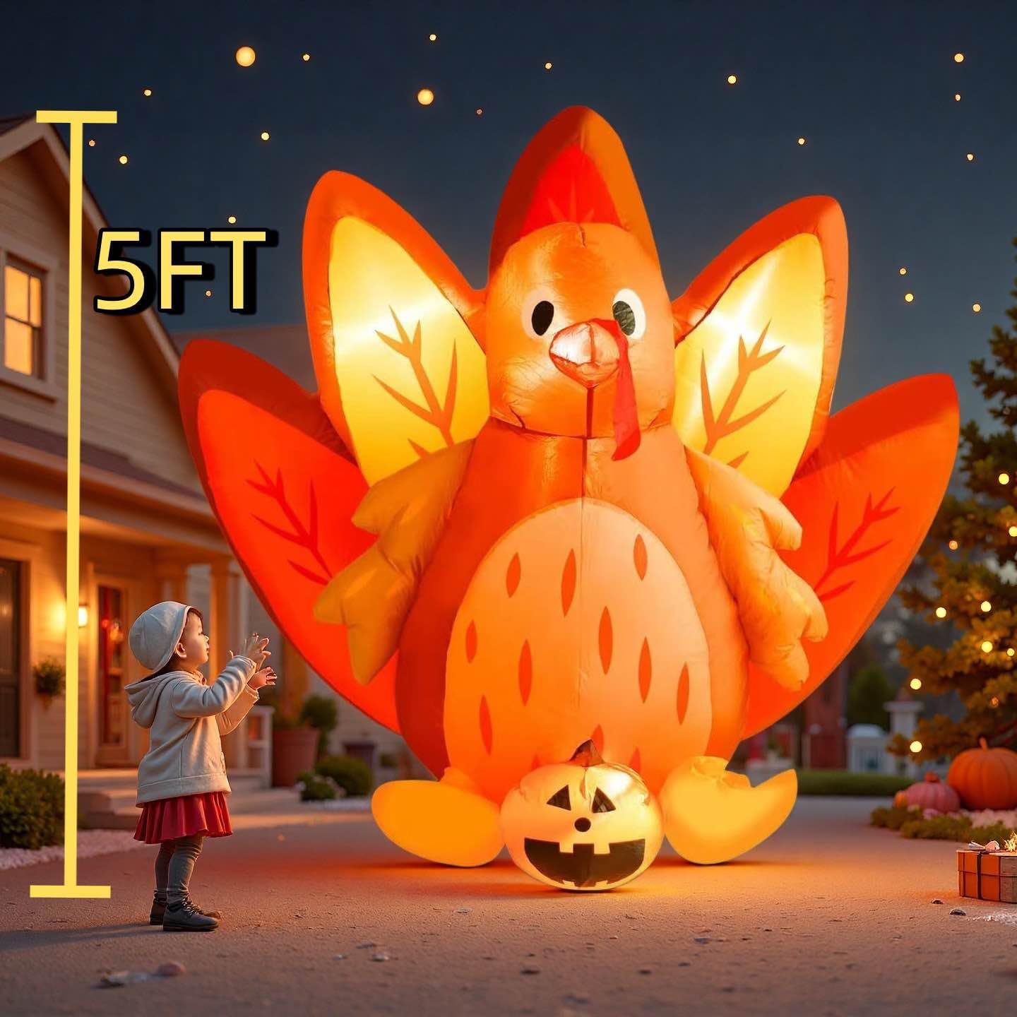 5FT Halloween & Thanksgiving Inflatable Turkey&Pumpin,with Built-in LED Lights, Outdoor/Indoor Seasonal Decoration with Pumpkin, Yard Lawn Garden Holiday Blow-Up Decor
