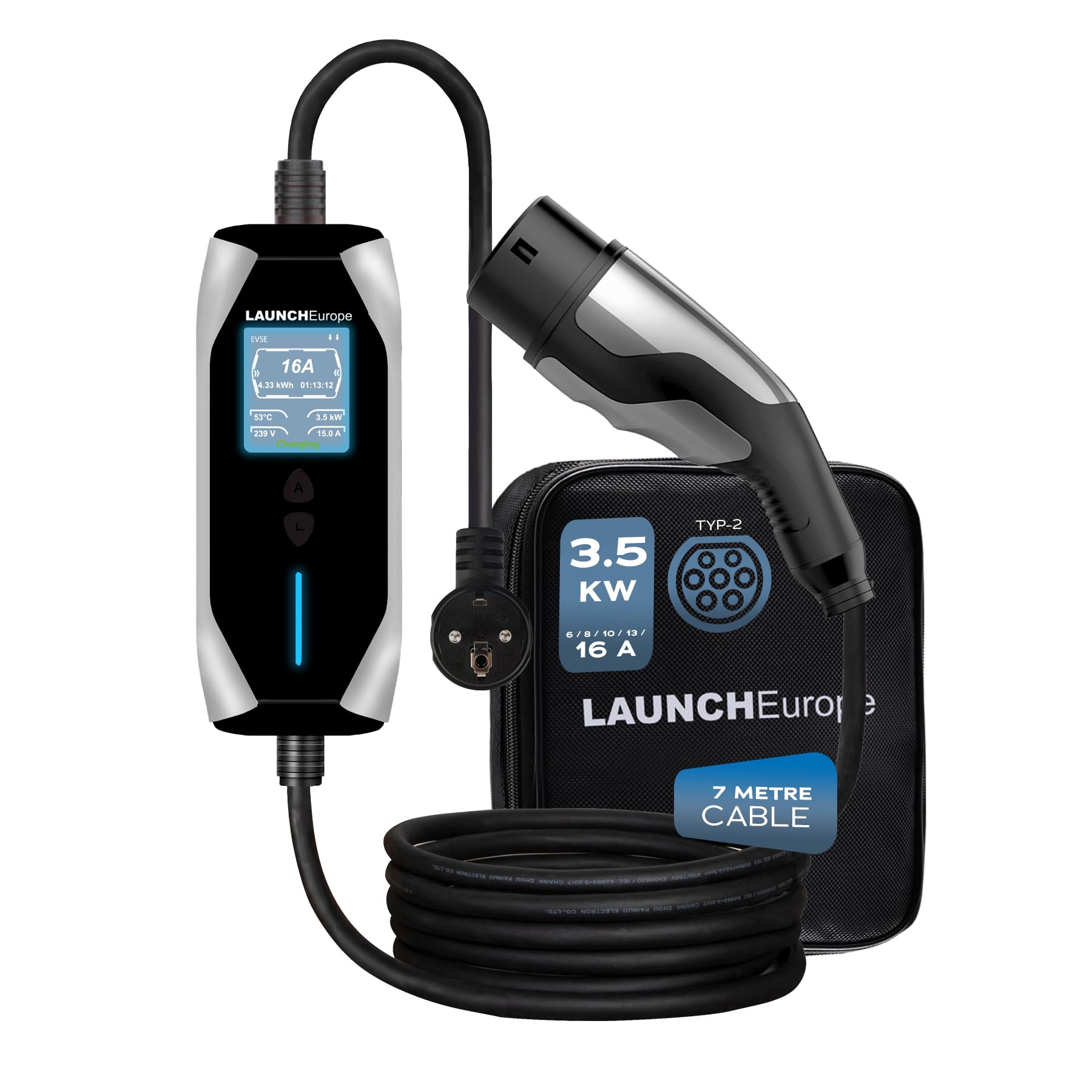 LAUNCH Europe Mobile Wallbox 3,5 kW [1-phasig | 7 m | 6–16 A] mit App-Steuerung & Typ-2-Schutz, Tragbare EV Ladestation CEE Schuko für Model Y/3, ID.3/4/5, ZOE, e-tron und andere PHEV/EV