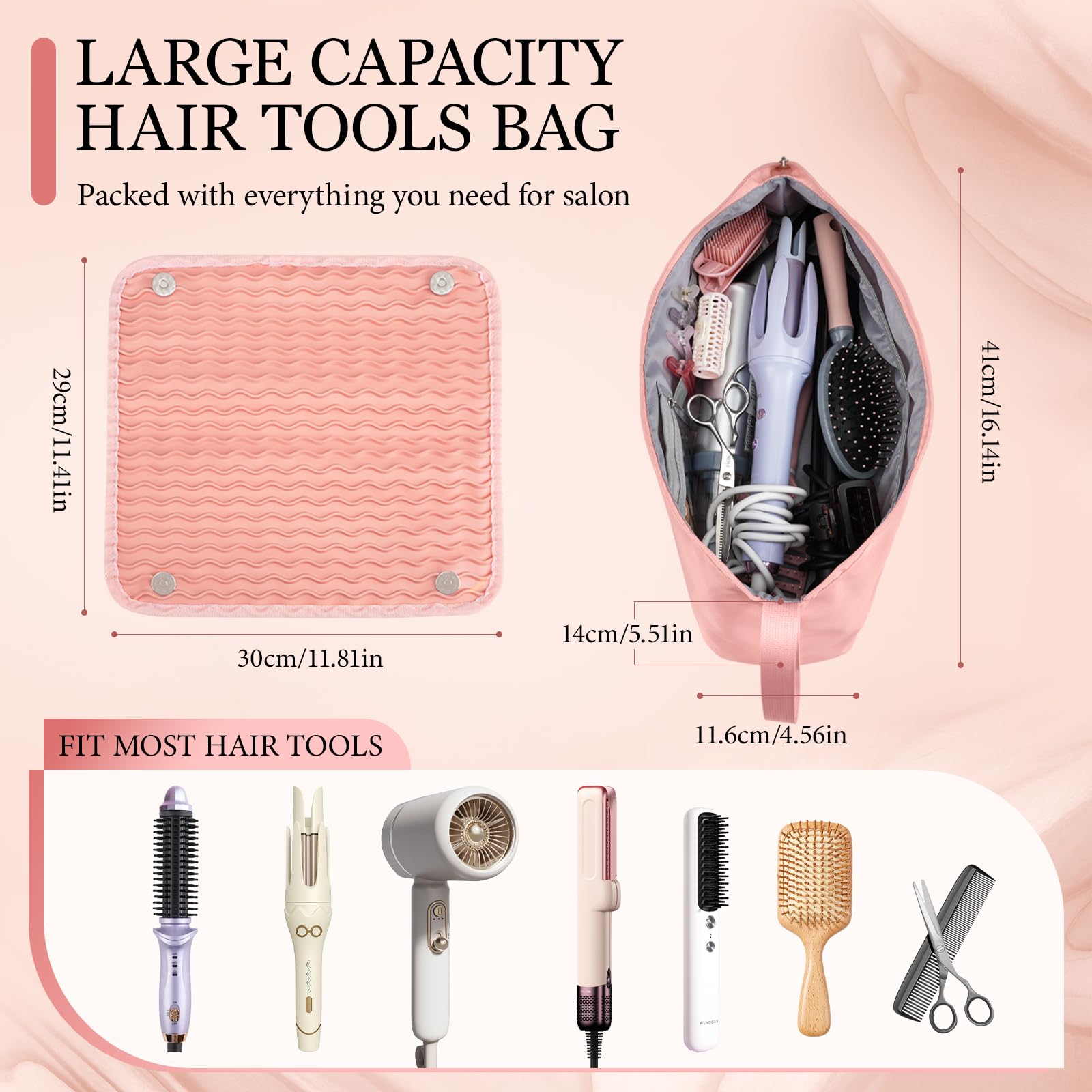 Dadanism Kit per Parrucchieri, Borsa da Viaggio per Strumenti per Capelli con Tappetino Termoresistente Rimovibile, Organizzatore 2 in 1 per Arricciacapelli, Piastra e Accessori da Donna, Rosa