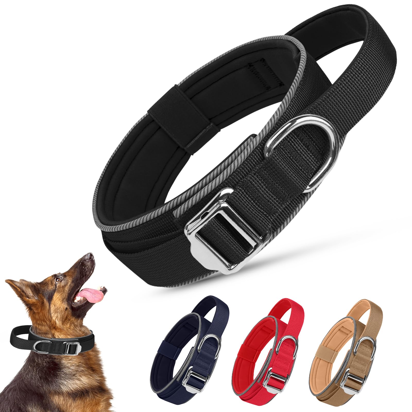 Ledeak Collar Táctico Perro, Ajustable Reflectante Collar Perro, Nylon Collares para Perros, Transpirables Collar de Perro con Mango de Control para Perros Medianos Grandes (Negro, L)