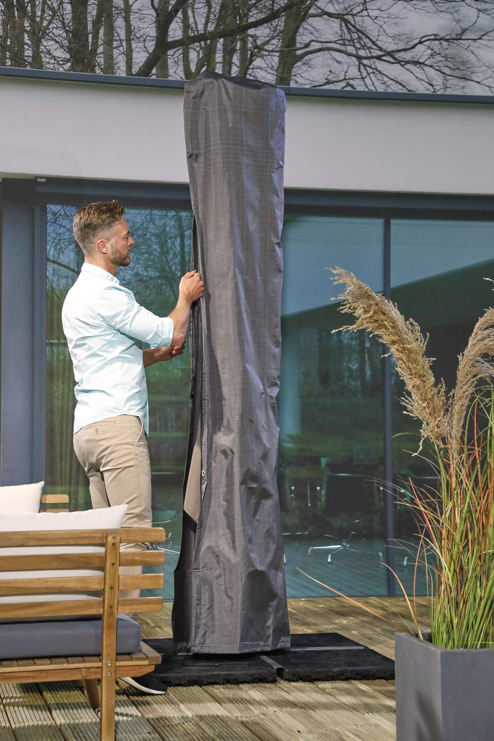 Gardissimo XXL Schutzhülle Premium 344448, 250 x 64 cm, Grau | Atmungsaktiv, Frostbeständig, Wasserdicht, Mit Stab, Für Sonnenschirm bis 450 cm