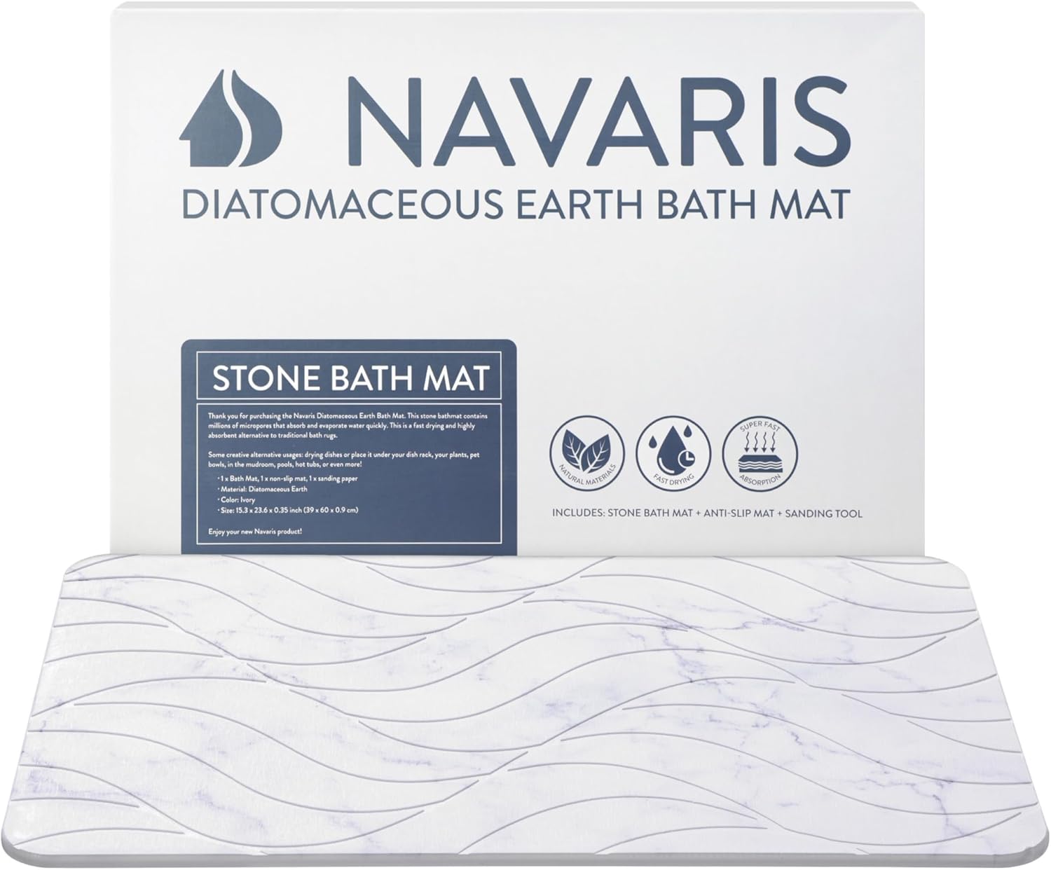 Navaris Diatomaceous Earth Bath Mat - Diatomite Stone Floor Mat for Bathroom and Shower - Quick Dry, Non Slip, Absorbent 23.6" x 15.4" - White Marble Print