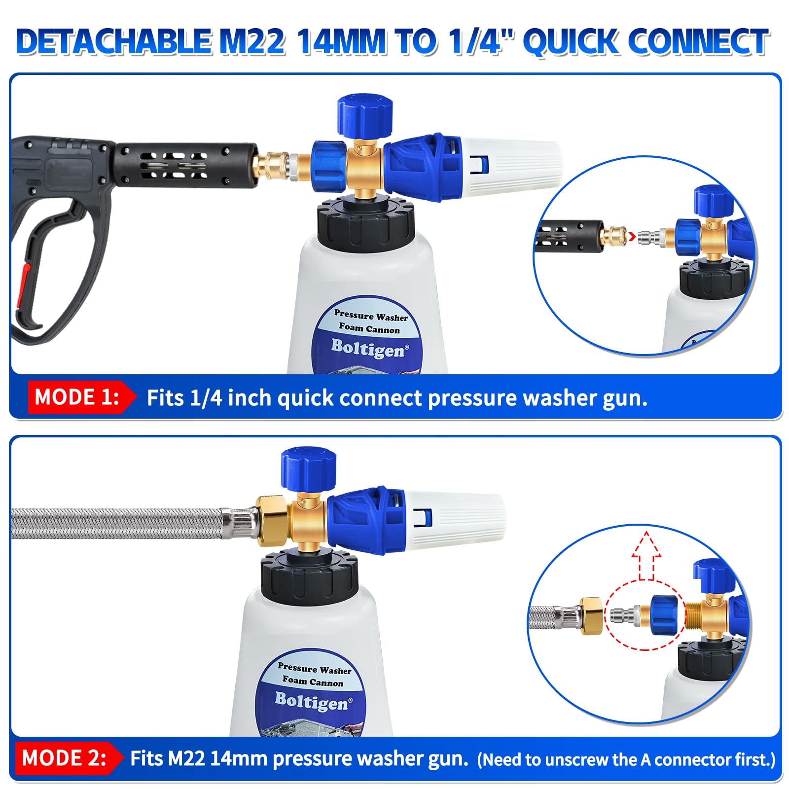 Cañón de espuma para lavadora a presión con herramienta de doble conector, pulverizador de espuma para lavado a presión con M22-14 y conexión rápida de 1/4 pulgadas, dispensador de jabón ajustable, 1