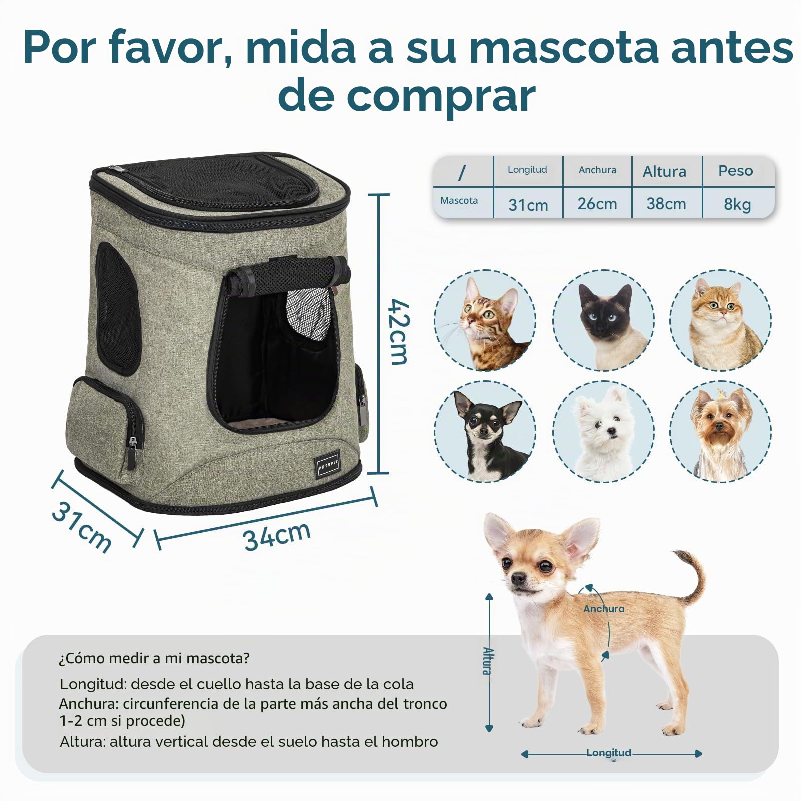 Petsfit Mochila para Mascotas con Ventana de Malla, Mochila de Transporte para Perros con Dos Correas Delanteras/traseras, Bolsa de Viaje para Animales pequeños, 43 cm x 32 cm x 29 cm
