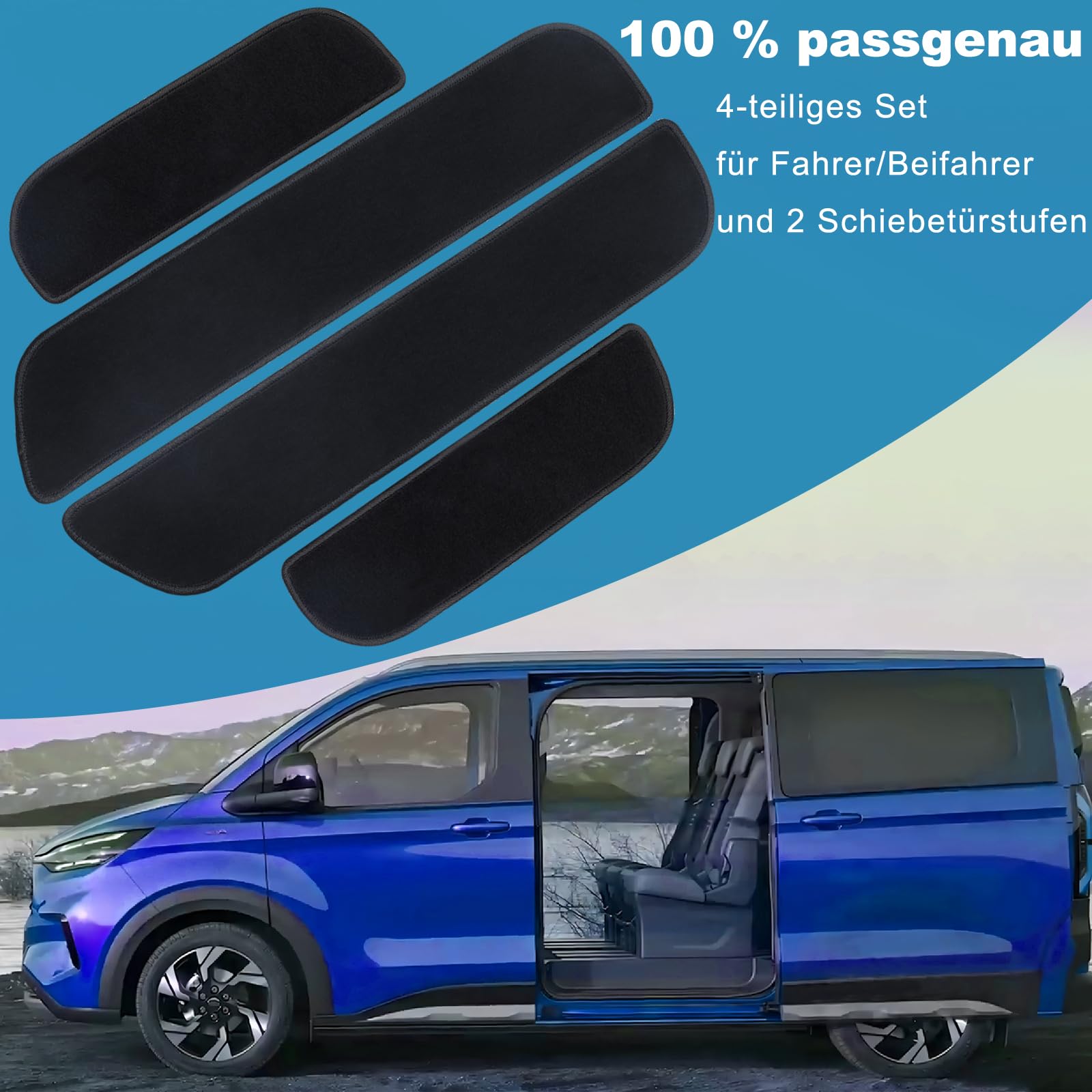 Einstiegsmatten Teppich passend für Ford Transit Tourneo Custom Trend Titanium Active ab 2023, 4-teilig, Ersatz-Trittstufenmatten für Einstiegsleisten