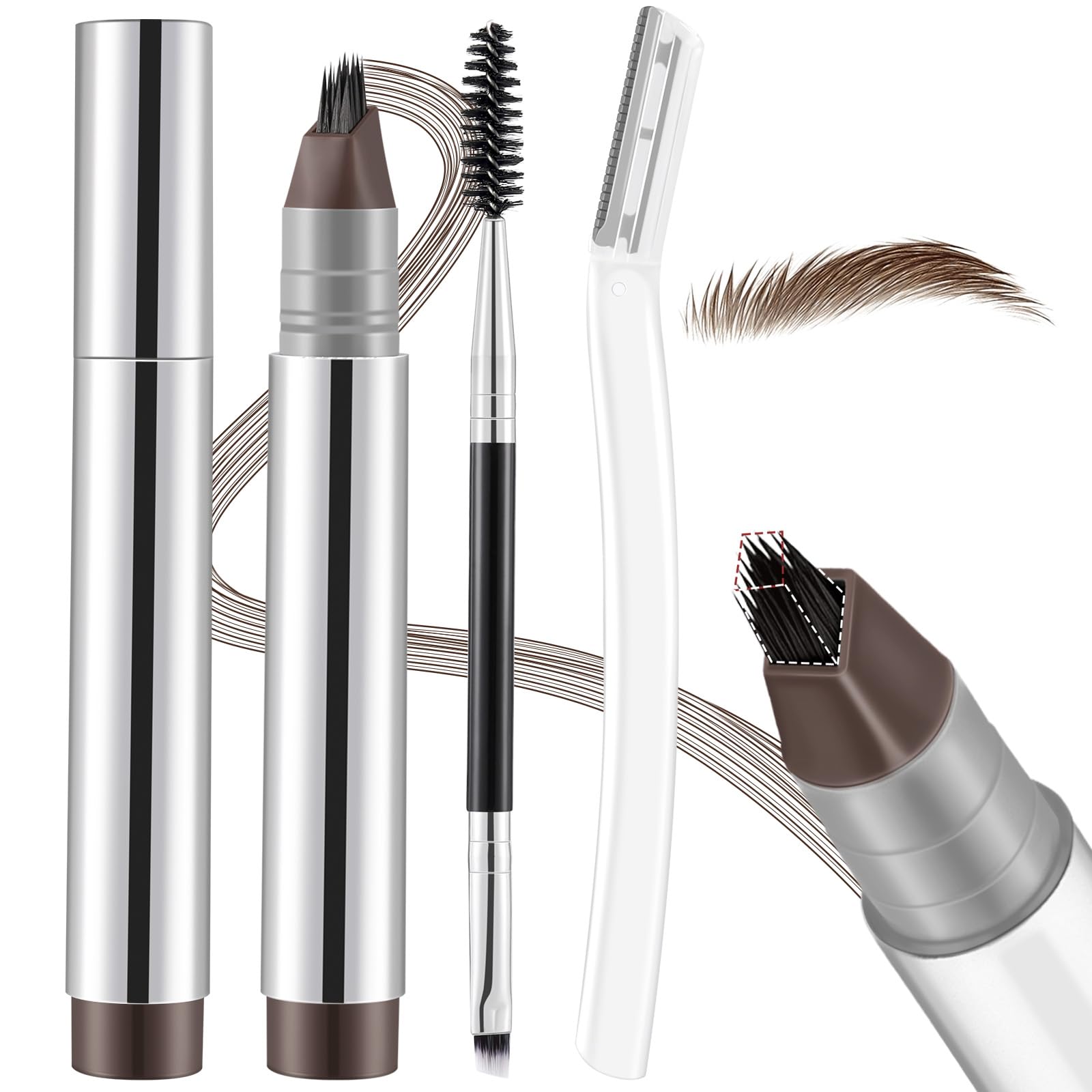 Microblading Eyebrow Pencils for Women Makeup – 3Pcs Brow Shaping Set, Liquid Angled Brush Eyebrow Pencil, Dual-Ended Brush Razor Natural Hair-Like Strokes, Waterproof, Long-Lasting (Yellowish Brown)