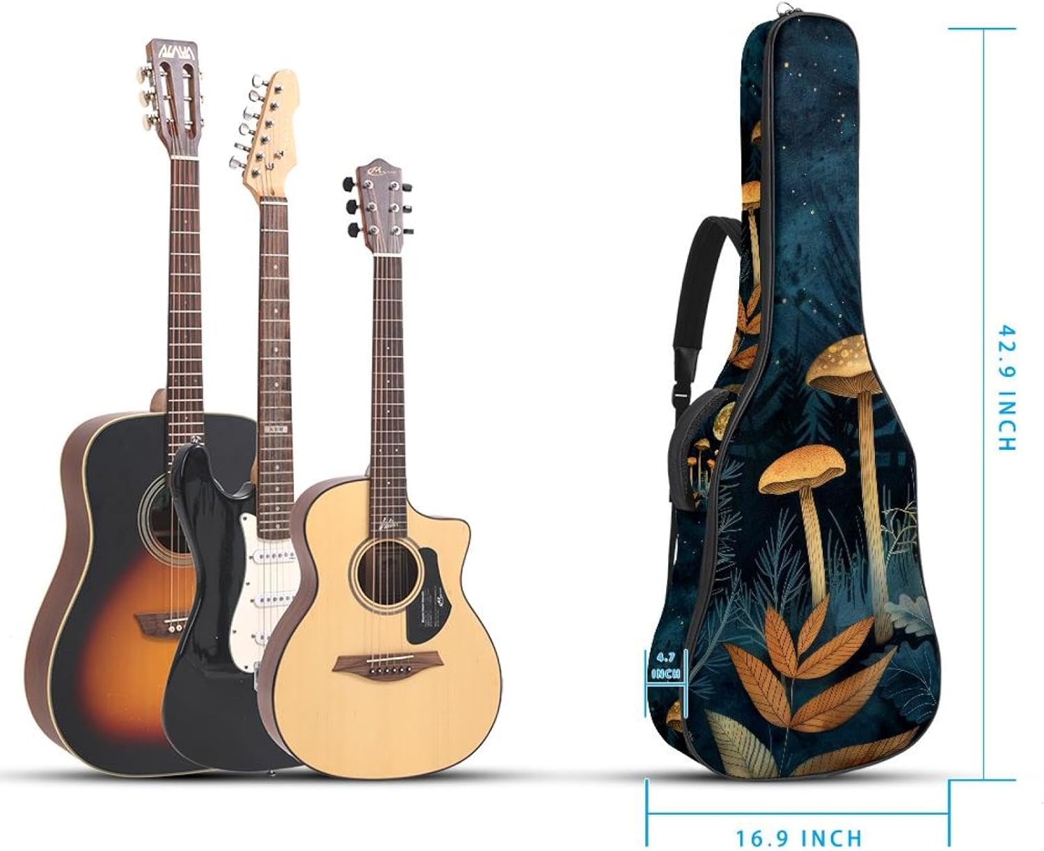 Mushroom Moon Vintage Boho Night Plants Leaves Guitar Gig Bag, Soft Padded Guitar Case with Back Hanger Loop and Side Handle for 40 41 42 Inch Acoustic Electric Bass Classical Guitars