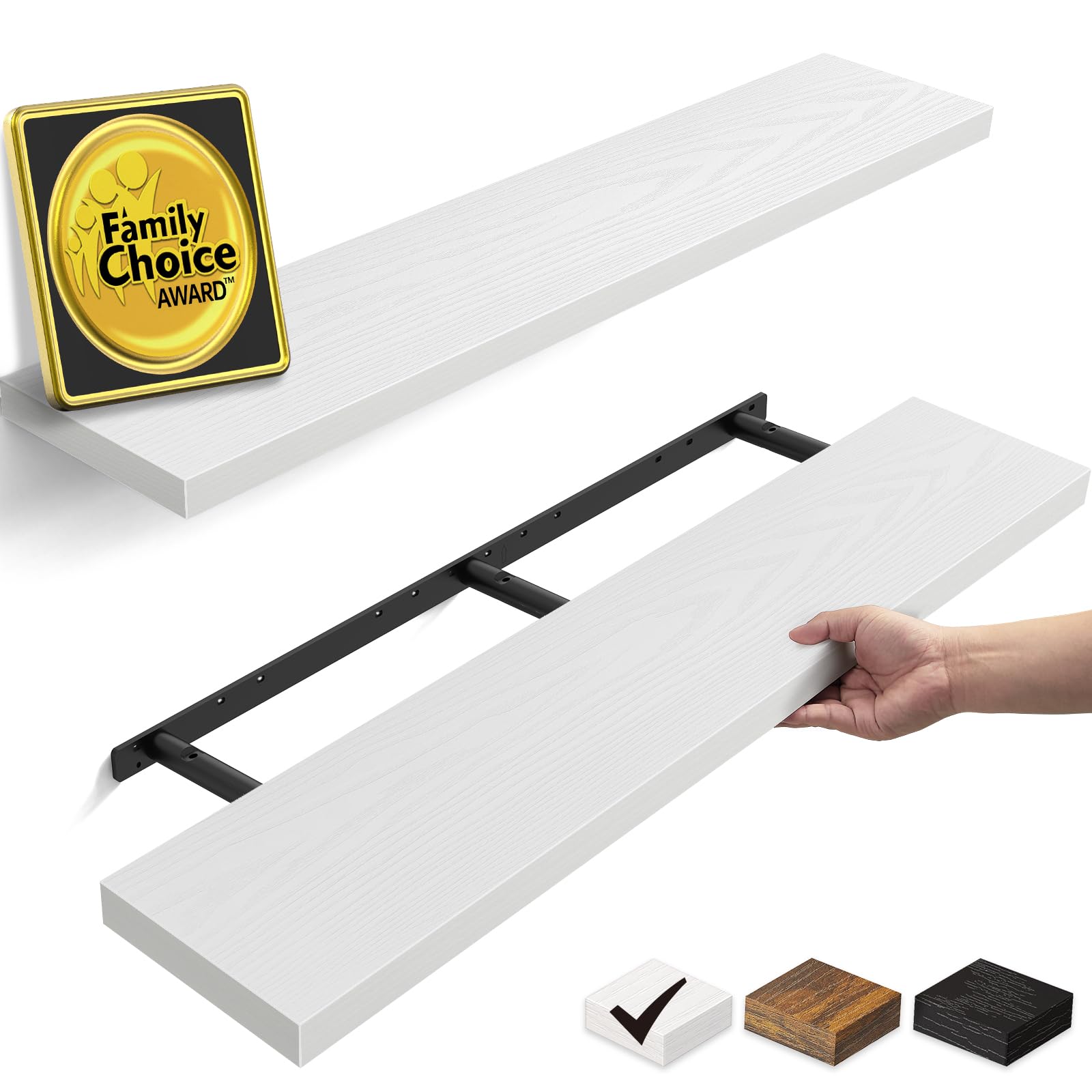 bayka floating shelves, 48 inches long heavy duty wall mounted rustic wood shelves for bathroom, bedroom, living room, kitchen, office, hanging shelf for books/storage/decor(white,set of 2)