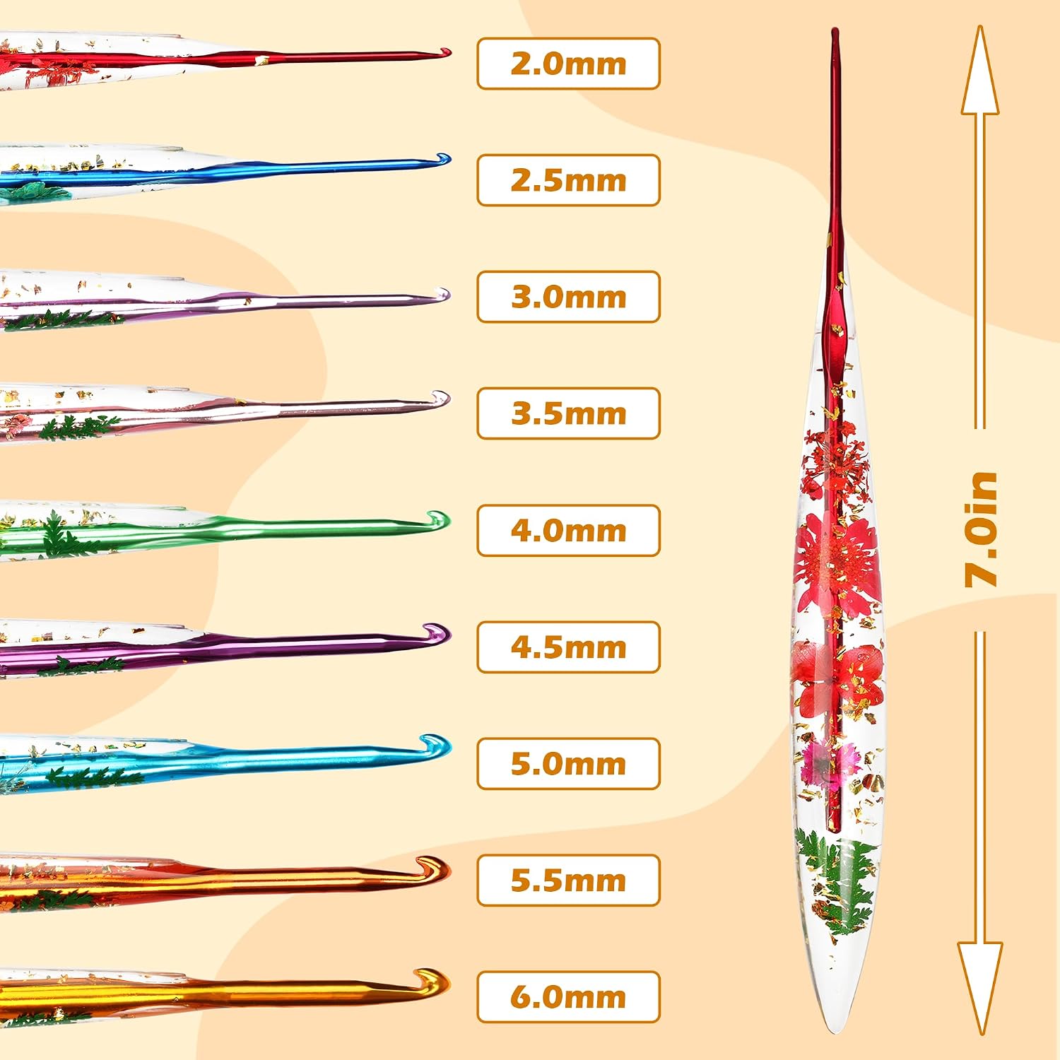 Coxyzoxy 9 Pcs Crochet Hook Set, Crochet Kit for Beginners Made of Epoxy Resin, 2.0mm-6.0mm Ergonomic Crochet Hooks, Perfect for Crocheting Blankets, Dolls, Shawls, Hats, and Scarves