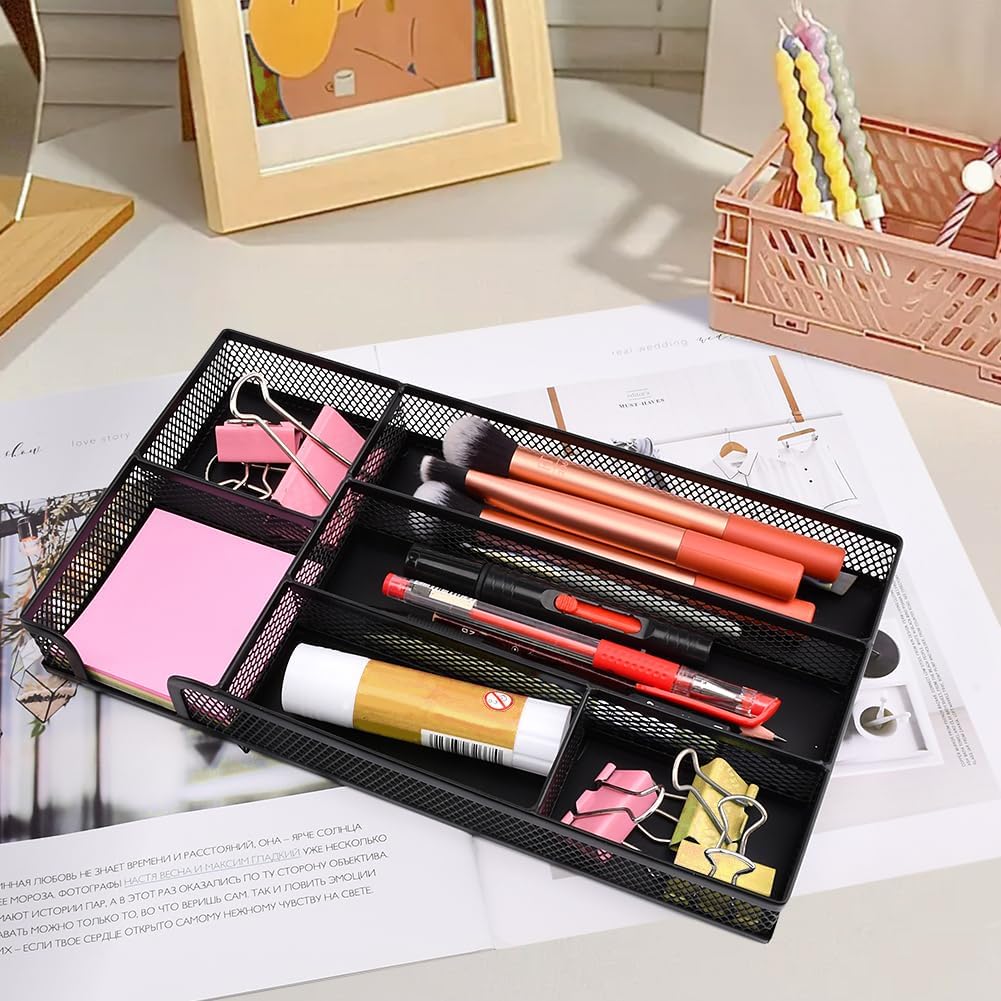 Desk Drawer Organizer, Office Metal Mesh Drawer Divider Organizer Tray with 6 Compartments, Pen Organizer for Desk Drawers Tray Desktop Accessories(COLOR:Black) - Image 9
