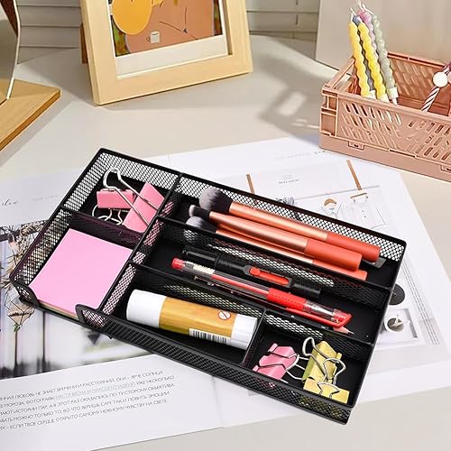 Miniatura 9 de Organizador de cajones de escritorio, bandeja organizadora de cajones de malla metálica para oficina con 6 compartimentos, organizador de bolígrafos