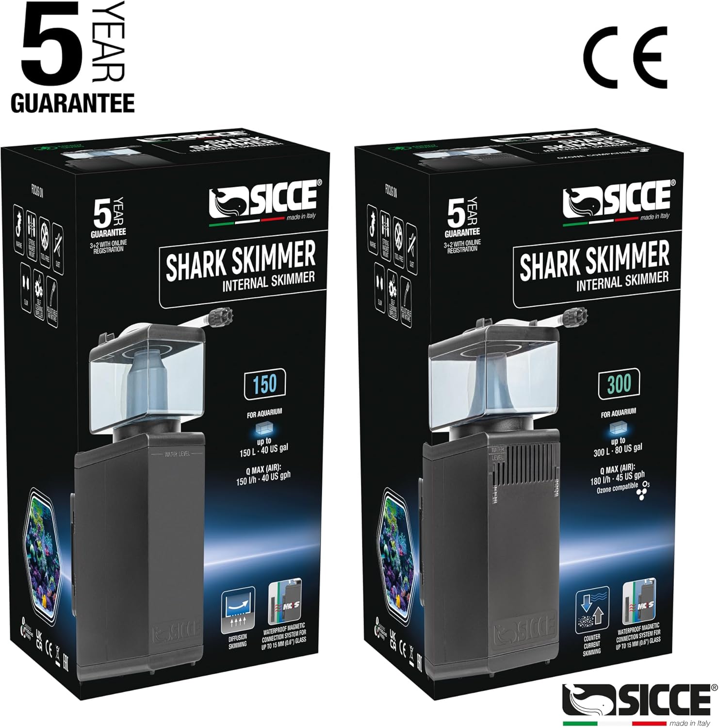 Sicce Shark Nano Protein Skimmer 300 up to 80 Gallon Saltwater Aquariums | Ultra Quiet Pump, Adjustable, Compact, Small Aquarium Marine Reef Tank