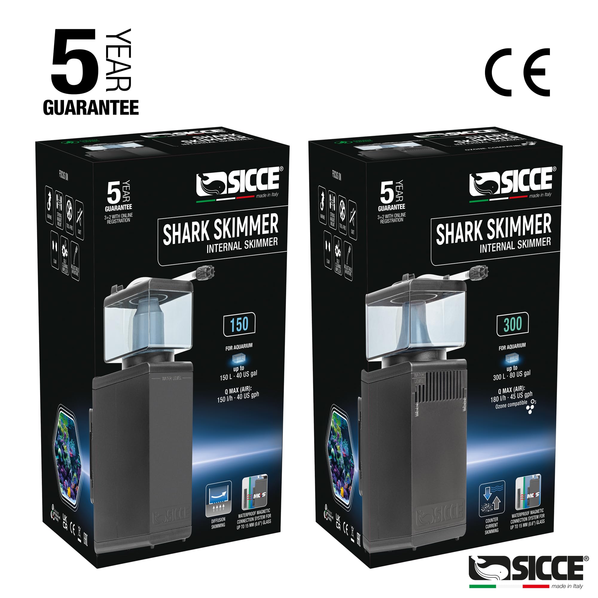 Sicce Shark Nano Protein Skimmer - Acuarios de agua salada de 150 hasta 40 galones | Bomba ultra silenciosa, ajustable, compacta, tanque de arrecife marino pequeño
