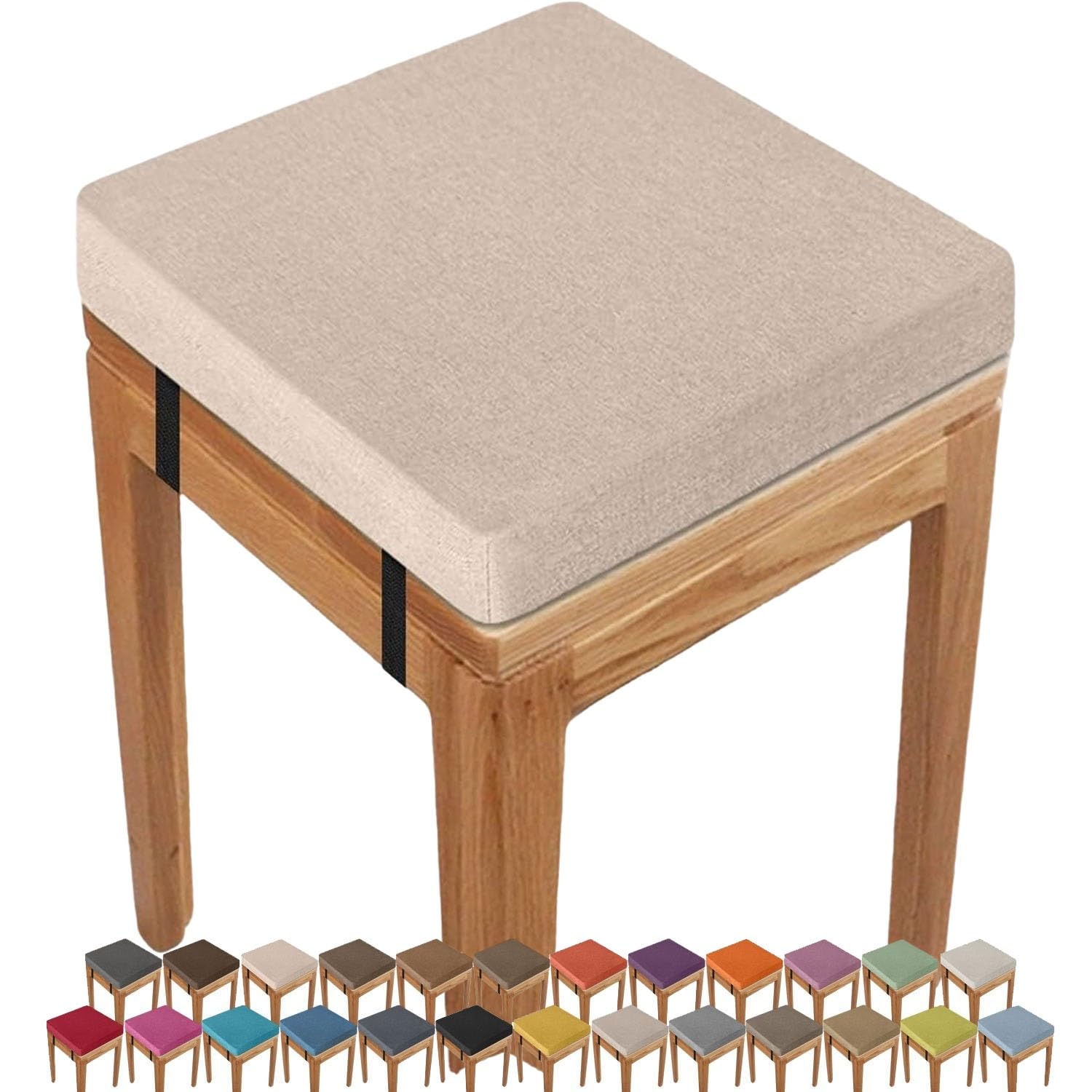 Uyeoco Beige 45D Foam Square Seat Cushion Indoor/Outdoor 3/5/8Cm Thick,30/33/35/40/45/50Cm Anti-Slip Buckle Stool Cushion, Dining Chair Pad With Removable Cover For Kitchen Bar Chairs(,35X35x8cm)