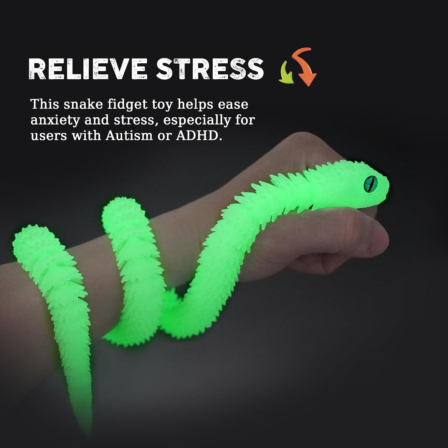 3D Printed Snake Animals Toys, Articulated Flexible 3D Printed Viper Fidget Toy, Realistic Slithering Design, Home Office Executive Desk Decor (Green Glow, 24 in)