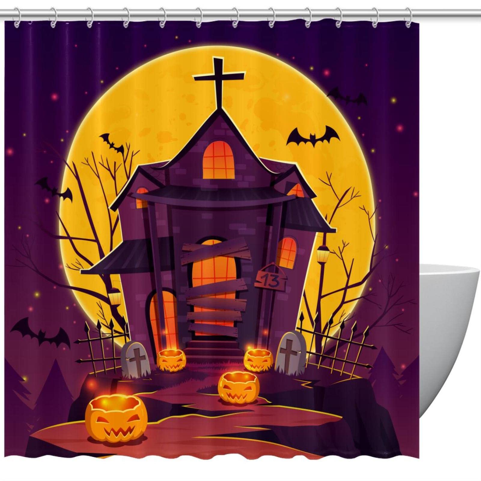 Rideau de douche Halloween maison hantée avec crochets pour salle de bain enfant