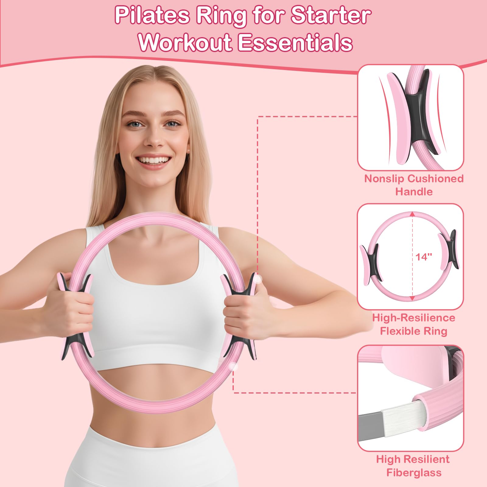 Hoedia Pilates Kit for Women, Pilates Equipment Ring and Ball Set with Resistance Bands, Yoga Strap, Core Sliders, Socks, Bag & Guide for Starter Home Workout Fitness Gym Essentials, Pink