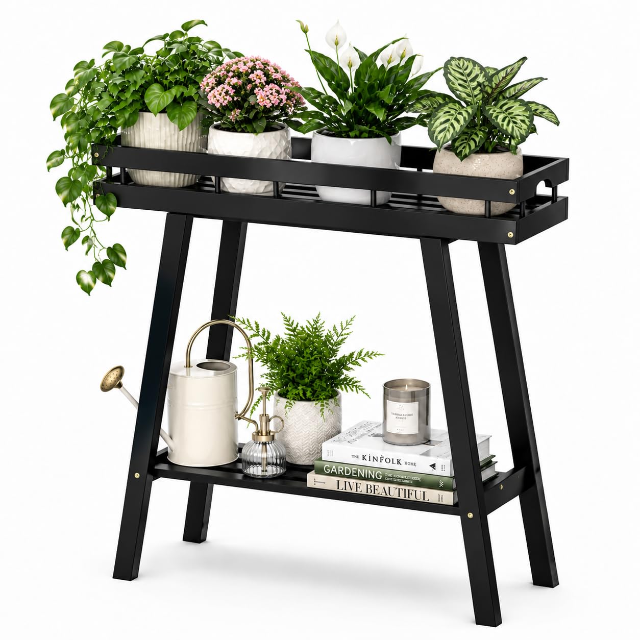 BAMBANG Bamboo Plant Stand Indoor, 2 Tier Small Plant Table, Tall Plant Stand for Indoor Plants, Window Sill Plant Shelf, Flower Pot Holder Plant Bench Plant Rack for Living Room, Black