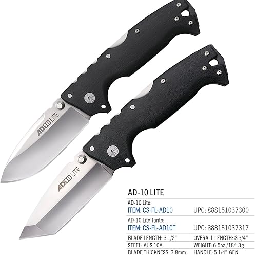 Miniatura 7 de Cold Steel AD-10 Lite 3.5" AUS10A Cuchillo plegable táctico con mango GFN de 5.25 pulgadas con mecanismo de bloqueo Tri-Ad