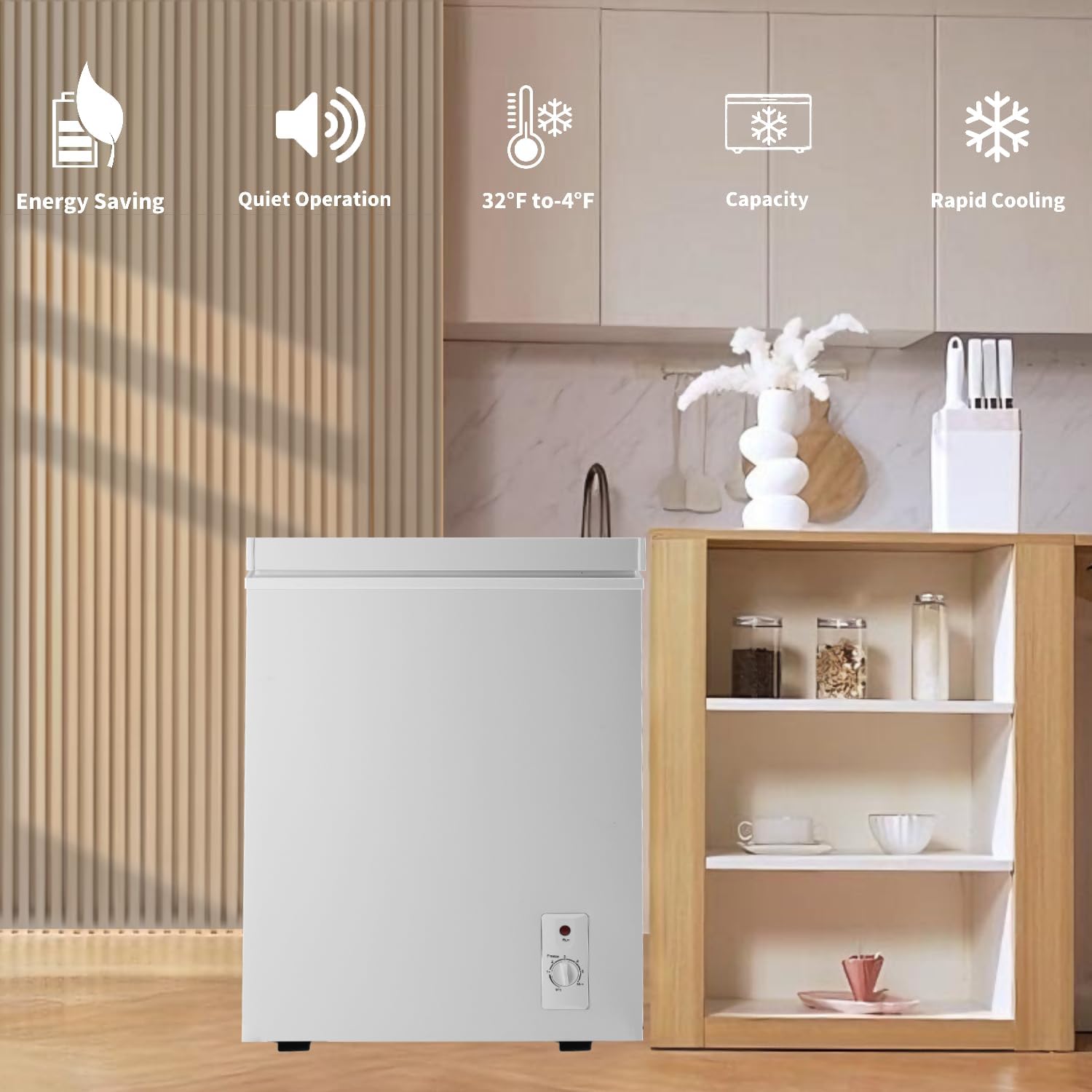 Chest Freezer 3.5 Cu.Ft Deep Freezer with Removable Basket, 7-Level Adjustable Thermostat, Fast Cooling Freestanding Top Open Door, White