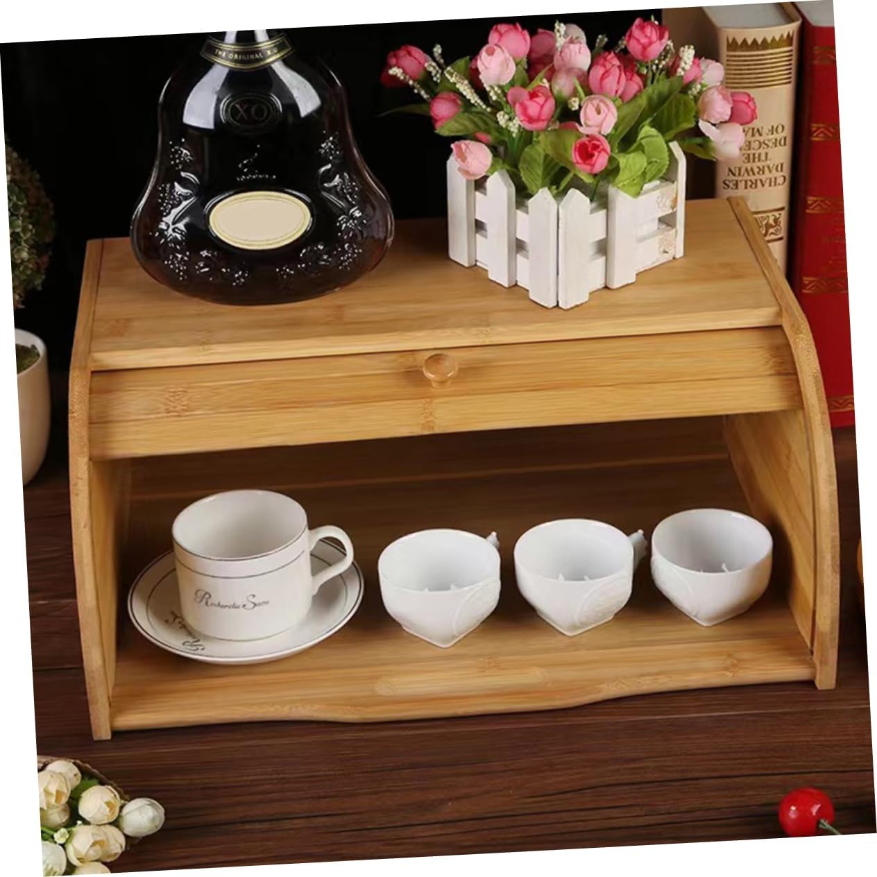 OUNONA Bamboo Sliding Lid Bread Box Multi-Function Bread Storage Holder Lid for Kitchen Counter for Freshness and Cakes