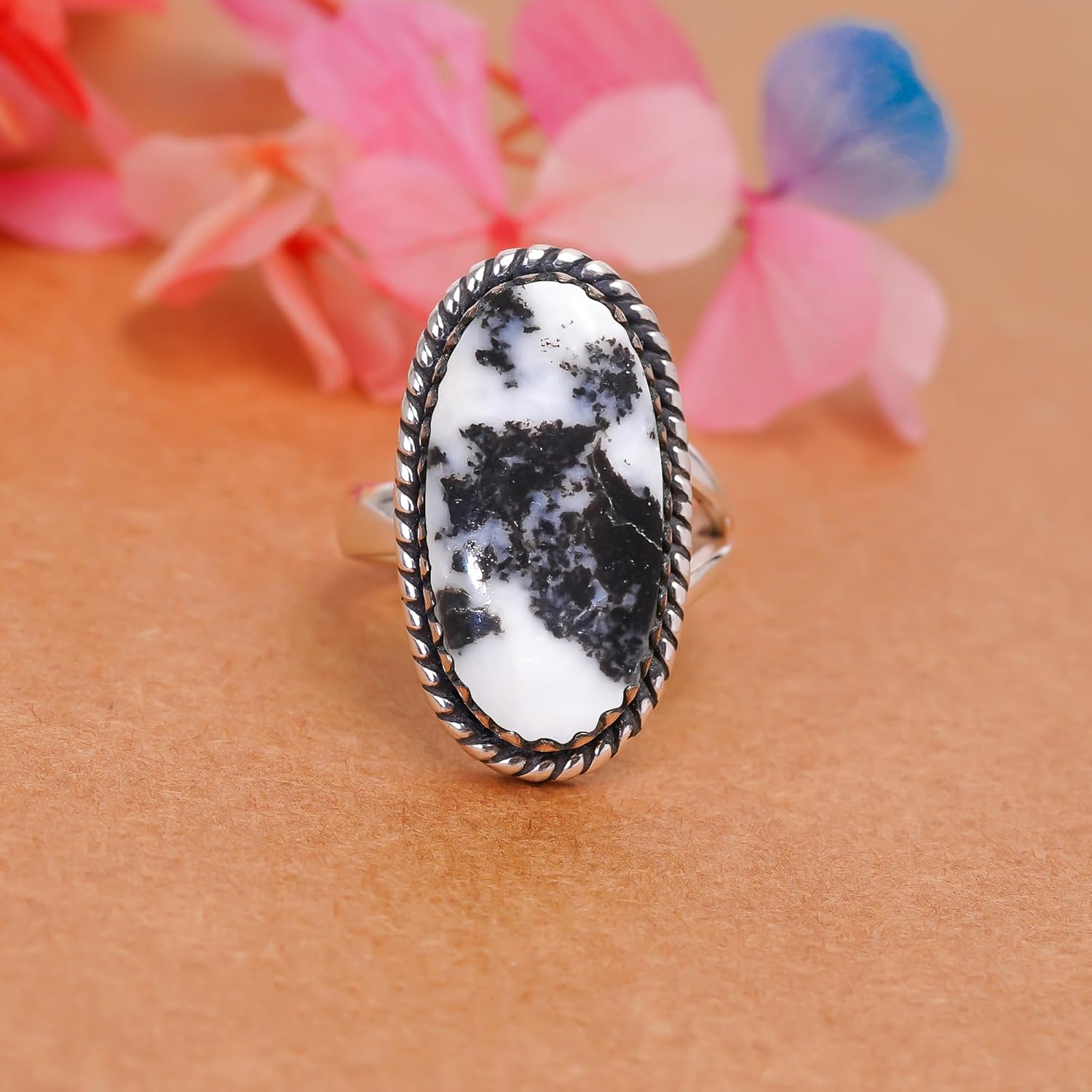 Natural White Buffalo Turquoise Ring in 925 Sterling Silver, Handmade Adjustable Oval Gemstone Ring for Women, Unique Statement Gift