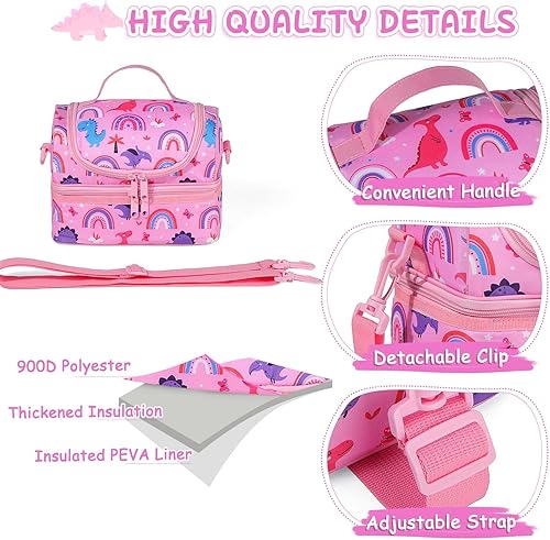 Vista 59 de Kasqo Lonchera para niñas, hielera aislada con compartimentos dobles, unicornio morado claro