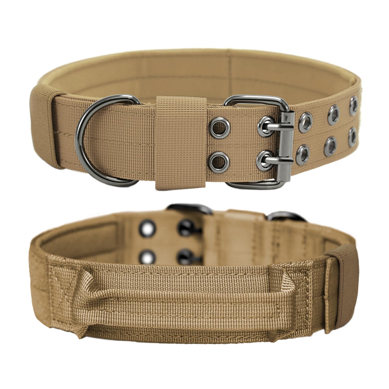 Tactical Dog Collar with Handle, Military Adjustable Heavy Duty Metal Buckle Dog Collars Soft Nylon Training Collar for Medium Large Dogs (Brown, Large)