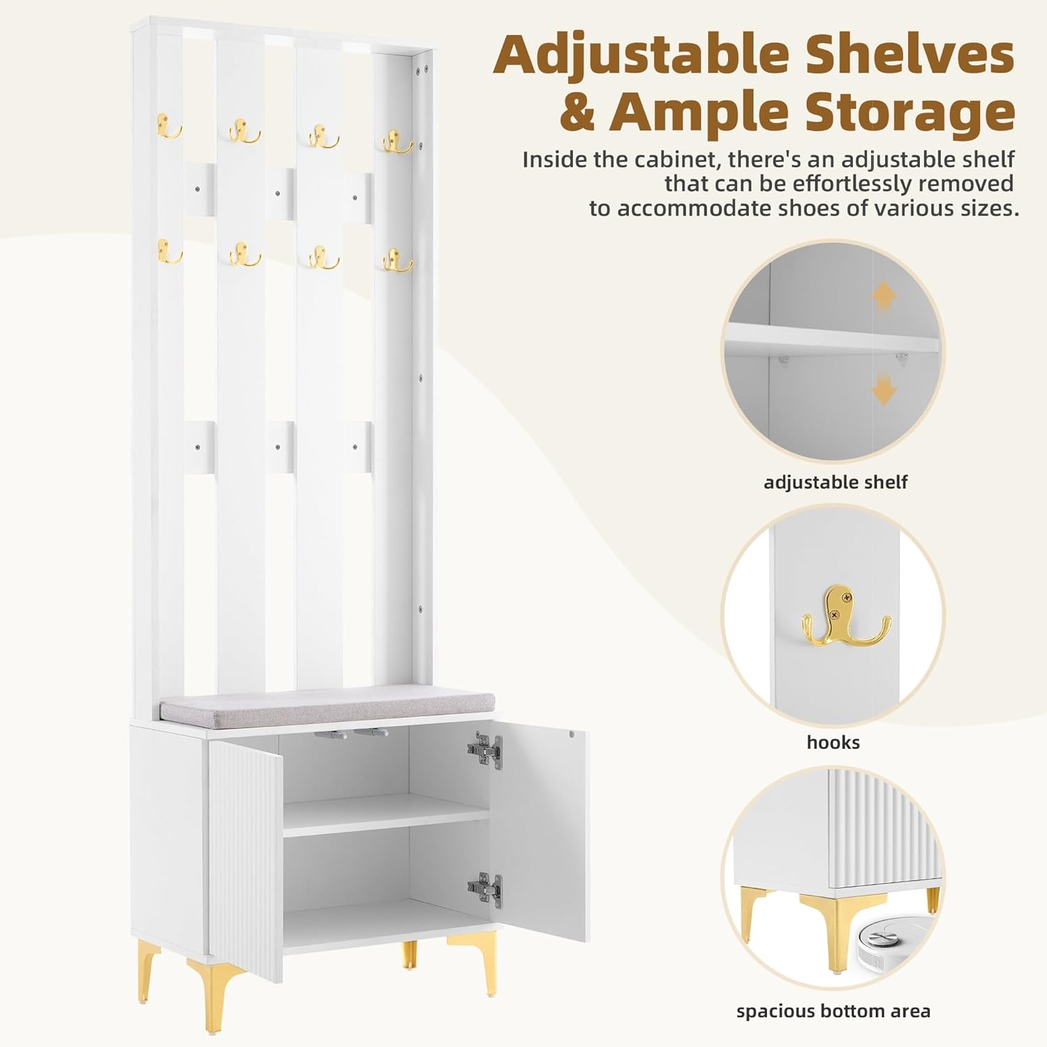 Modern 4-in-1 Hall Tree with Cushion, Versatile Coat Rack with 8 Gold Hooks and Legs, Entryway Bench with Adjustable Shelves & Fluted Doors for Hallway, Living Room