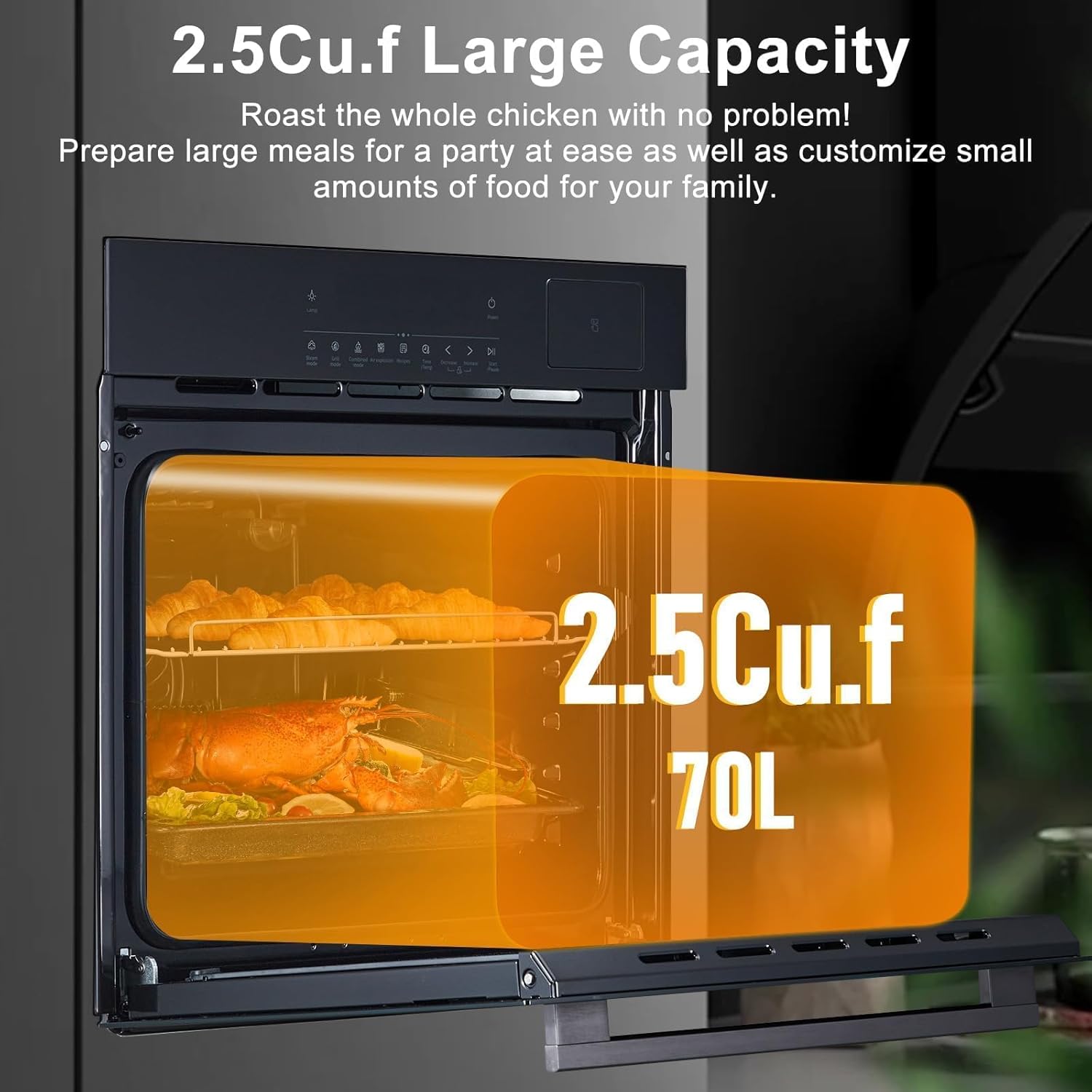 24" Built-In Electric Wall Oven with Steam & Air Fryer Combo, 3000W High-Power Convection, 2.5 cu ft Compact Size, Touchscreen Digital Display, Multi-Functional Cooking for Apartments, Sheds, or Kitch