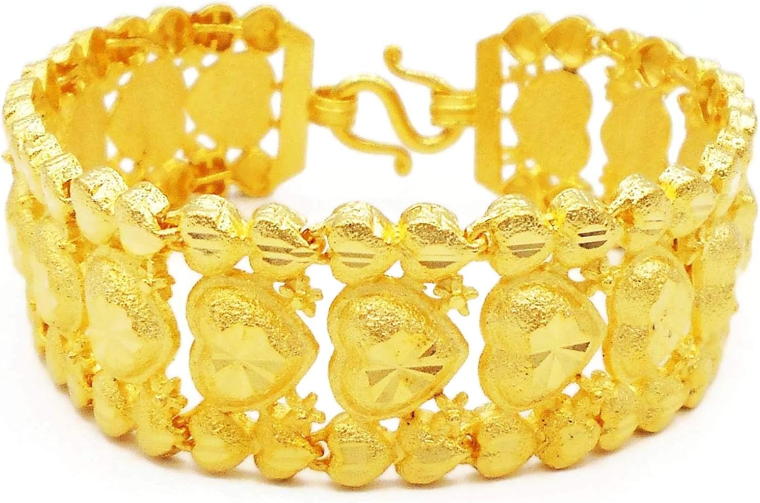 Hearts Link Bracelet Thai Gold Plated Bangle 24k Thai Baht Yellow Gold Filled Bracelet 42 Gram Size 7.5 inch Jewelry Women
